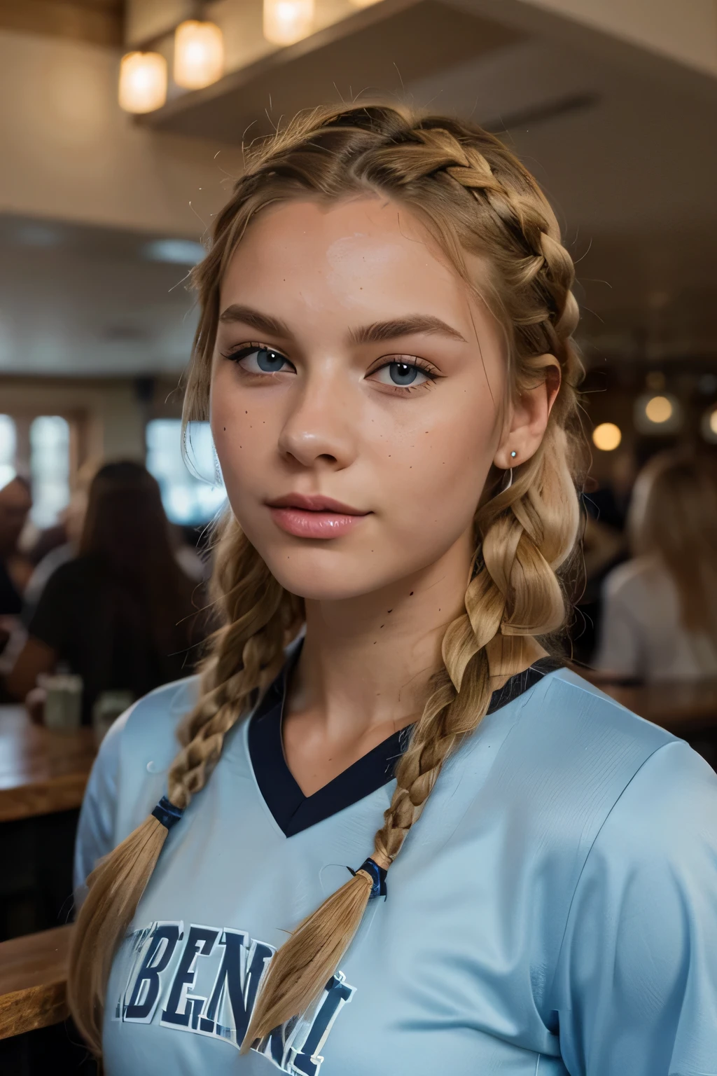 20 year old Italian blonde girl with a (petite body:1.2) (blonde hair:1.2) (light blue eyes:1.2) (narrow nose:1.2) in a (braid:1.2) wearing a football jersey at a bar, best quality (high detailed skin:1. 2), (best quality:1. 4), (blemishes:1), (highly detailed clothes:1) (highly detailed face:1), (((real hair)))