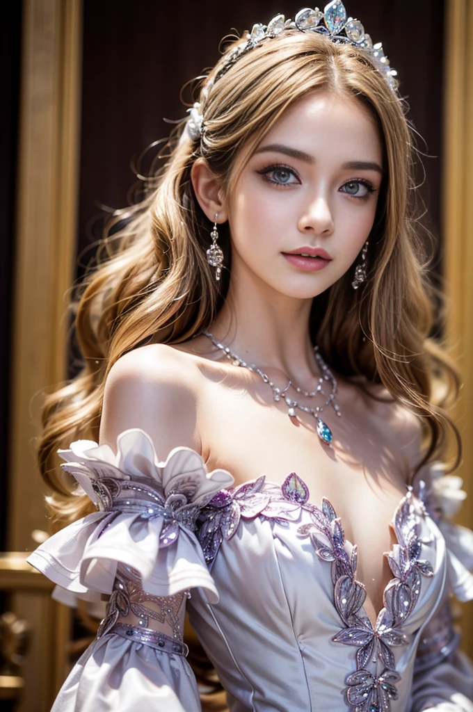 ((RAW shooting:1.5, realistic:1.5, 8K, highest quality, masterpiece, ultra high resolution)), Interior of a French royal palace, professional camera work:1.3, Highly detailed skin and facial textures:1.3, glow light effect, Super detailed:1.3, 1 cute 15 year old polish girl, Fair skin, Glossy skin, (Transparency:1.4, small face), Ultimate Cute Face:1.5, (Transparent eyes:0.9, looking far away), smile:1.0, (mouth is slightly open:0.4, Transparent taste:0.7), double eyelid, super long up blonde hair, tiara, necklace and earrings, ((How to properly wear an elegant and shiny satin princess dress off the shoulder)), cowboy shot