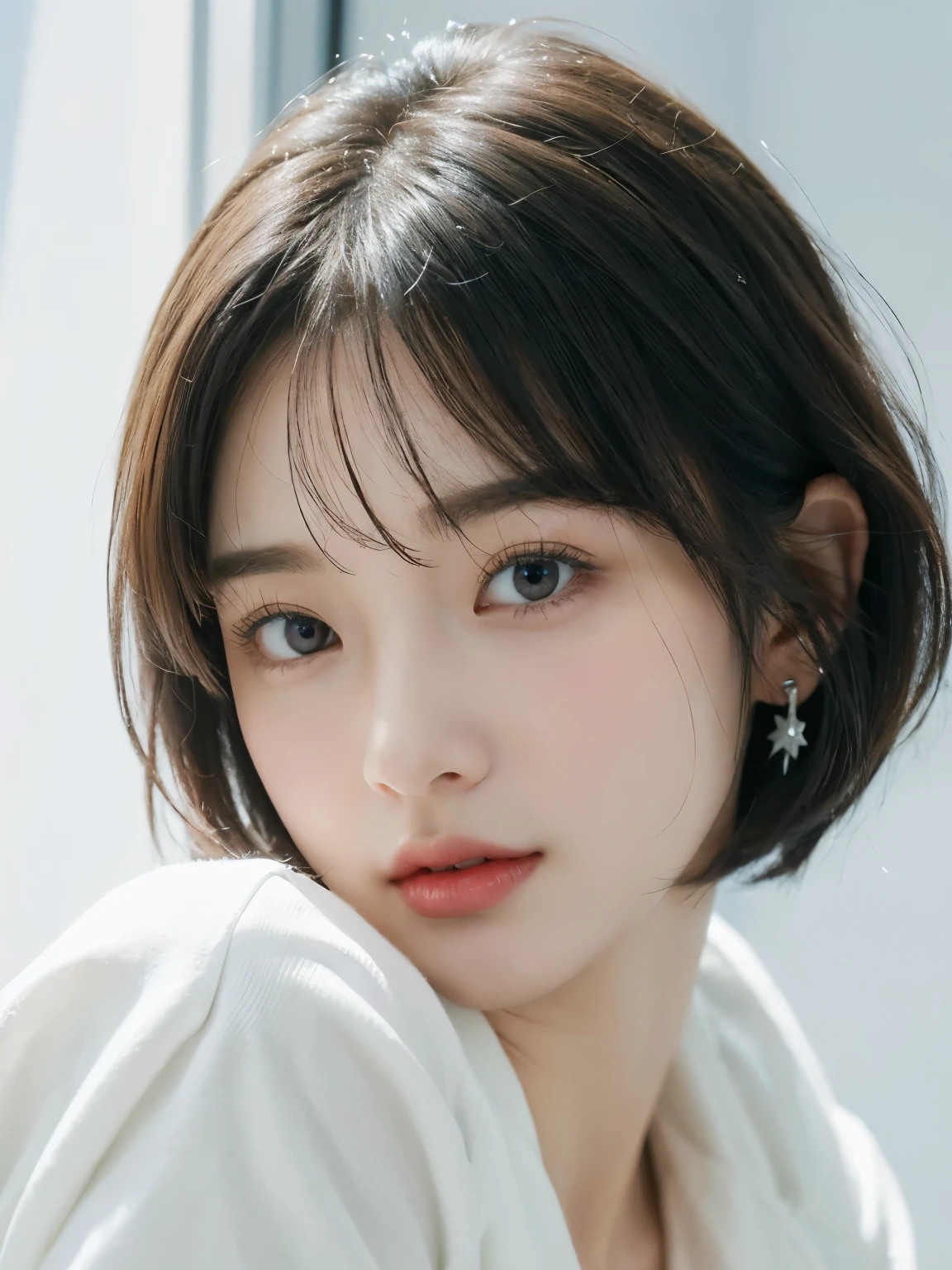 (8K, RAW photo, highest quality, masterpiece: 1.2), Super detailed, super resolution, (genuine, genuine photos: 1.37), portrait, High-definition RAW color photo, professional photos, 非常に詳細で美New, very detailed, 8K wallpapers, amazing details, huge file size, official art, very detailed CG Unity 8K wallpapers, very detailed beautiful girls, very detailed faces, very detailed目, very detailed肌, very detailed指, very small nose, very detailed口, perfect anatomy, detailed background, fine clothes, one girl, (20:1.2), 30 generations, cute Girl, realistic body, small, white skin, glowing skin, black hair, short hair, (dull bangs: 1.2), cute, like々New, かわいらNew顔, realistic face, delicate eyes, Sale Stylish winter clothes)), ((superior)), ((((short hair)))), earrings, Don't look at the camera, cowboy shot,contrasting, dynamic lighting, white wall、Taken in front of the white door、(窓のあるwhite wallの部屋)、profile、various poses