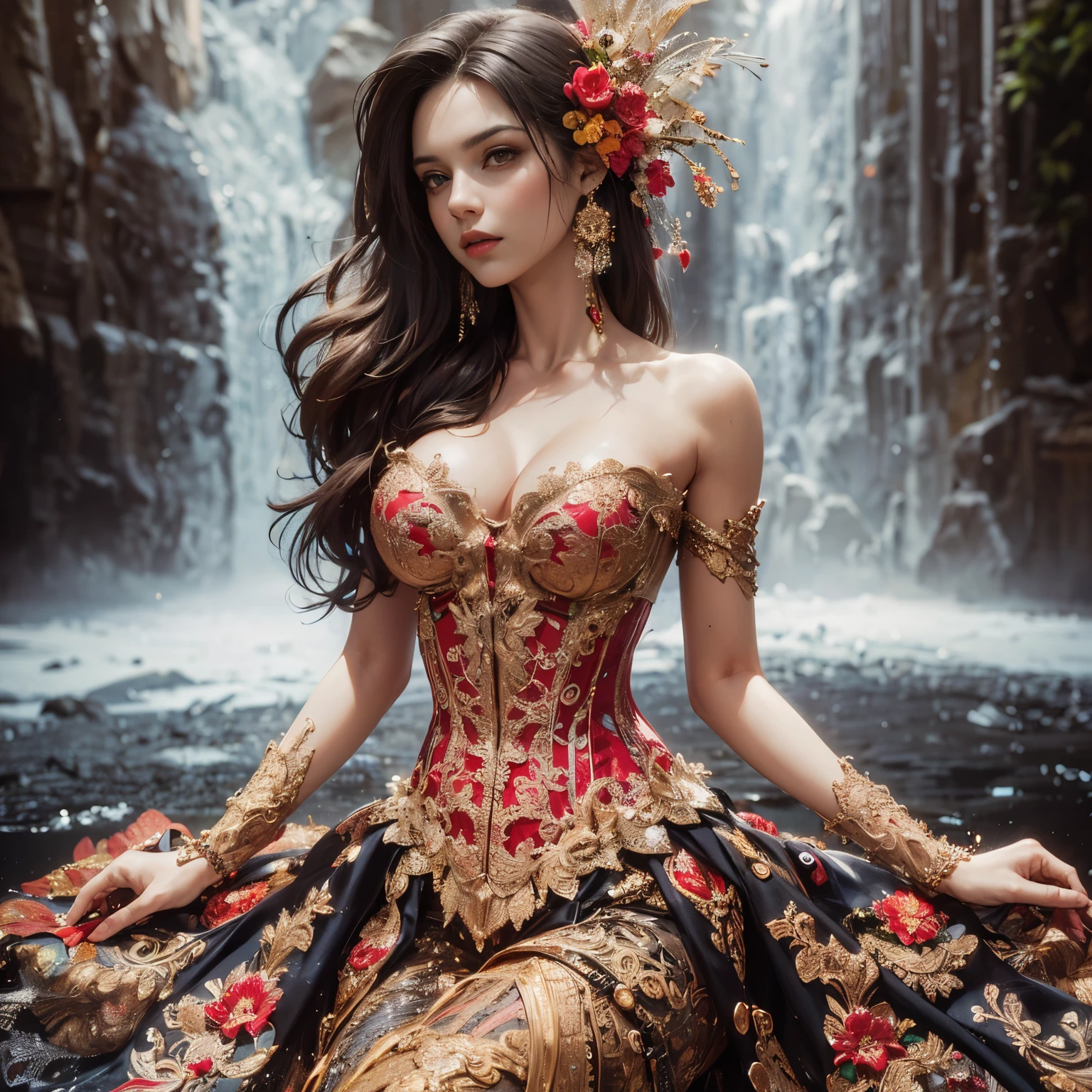 arafed woman with bustier gigantic breast in a corset and dress in front of a building, wearing an ornate outfit, ornate dress, intricate dress, elegant corset, ornate and elegant, extravagant dress, inspired by Hedi Xandt, ornate attire, intricate outfit, ornate royal gown, ornate clothing, ornate gown, intricate and elegant, intricate detailed dress, ornate , royal dress, masterpiece, best quality:1.2),,(8k,highres,RAW photo,realistic,photo-realistic:1.3),(detailed skin texture,detailed cloth texture,beautiful detailed face:1.25),professional lighting,photon mapping,beautiful soft light,radiosity,physically-based rendering,raytracing, model shoot style, model shoot style, (extremely detailed CG unity 8k wallpaper), full shot body photo of the most beautiful artwork in the world,