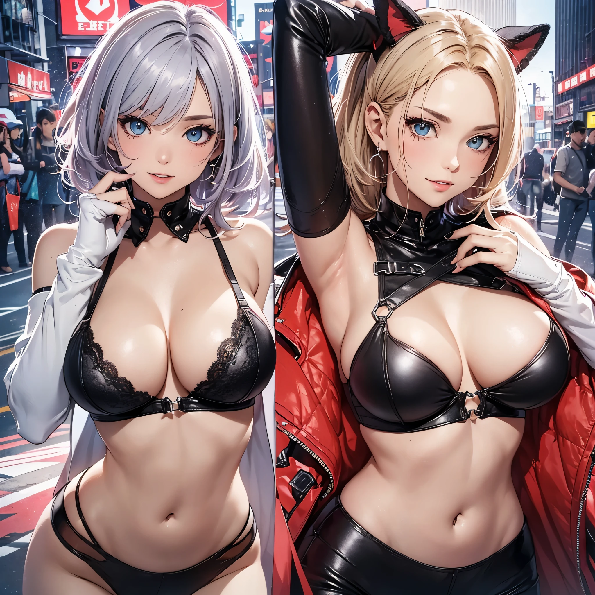 model base: ((AnythingElse - v4.5 ))1, LoRA: ((Evil smile - Gesugao - v2.0)),girl absurdres arm_up armpits bare_shoulders black_bra black_gloves black_pants blonde_hair blue_eyes blue_jacket blush bra breasts cammy_white cleavage collarbone cowboy_shot facial_scar fingerless_gloves foxyreine gloves highres jacket large_breasts linea_alba looking_at_viewer navel open_clothes open_jacket pants parted_lips scar scar_on_cheek scar_on_face short_hair solo street_fighter street_fighter_6 thighs tight_clothes tight_pants toned underwear v-shaped_eyebrows --auto --s2