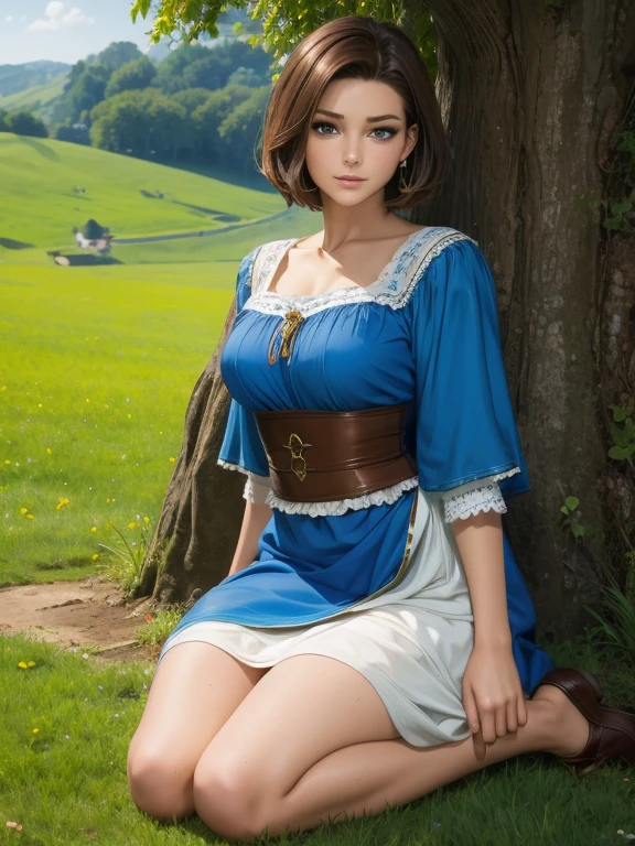 Beautiful woman with short brown hair blue eyes perfect body in peasant dress on the meadow 