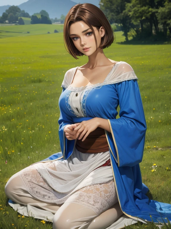 Beautiful woman with short brown hair blue eyes perfect body in peasant dress on the meadow 