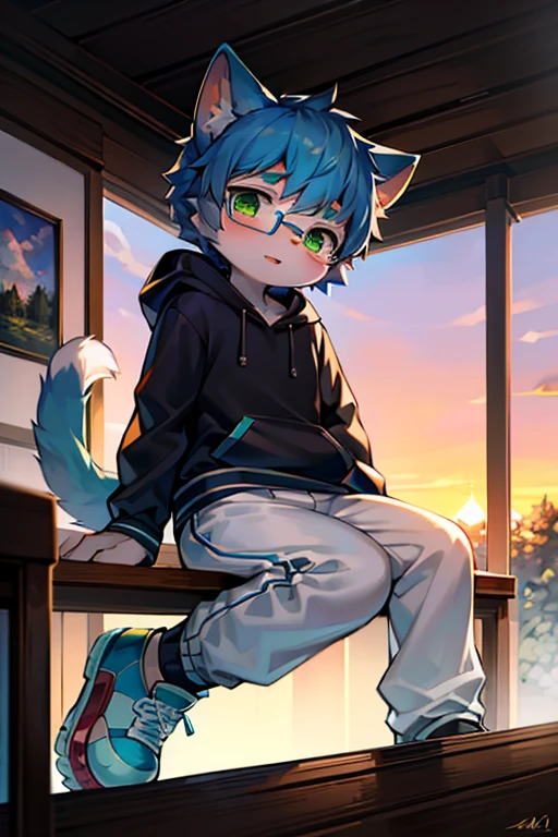 (best quality,4k,8k,high resolution,masterpiece:1.2),Ultra-detailed,(lifelike,lifelike,lifelike:1.37),blue short hair,fluffy,cute,illustration,Shota,digital painting,studio lighting,bright colors,Surreal,pastel color palette,soft light,hairy,Cat,Cat耳朵,Cat尾巴,green eyeale,long tail,personification,hairy艺术风格,blue fur,black hoodie,White trousers,sports shoes,Sunset,green fingertips,There are God's eyes,Glasses)