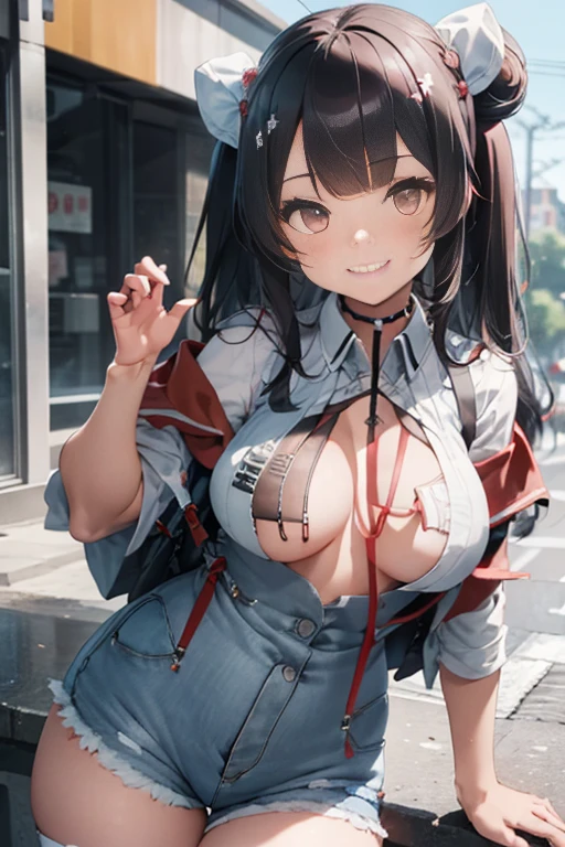 masterpiece、The best、1 female、denim vest、Denim shorts、Red shirt, Bun bun、black hair、Shoulder leakage、big breasts、chubby、Smile、White suspenders、lace leggingackpack,On campus,pose,Street culture