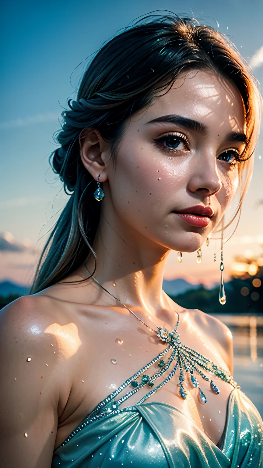 1 bela mulher+flores transparentes),(water drops), fundo luminoso, Primeiro plano escuro, magical light stream, silver vapor enveloping guardian clouds, 8k resolution, incredible visual pleasure.