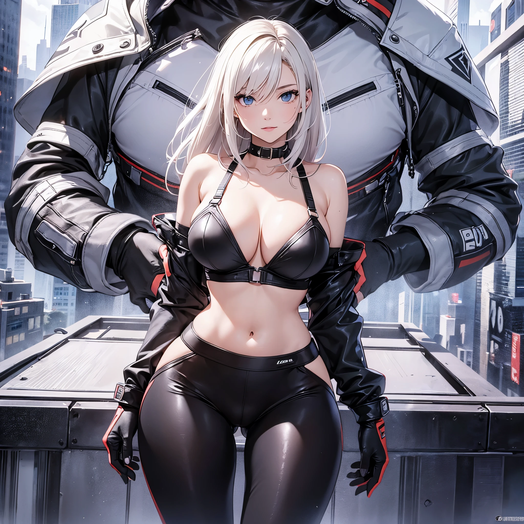 model base: ((AnythingElse - v4.5 ))1, LoRA: ((Evil smile - Gesugao - v2.0)),girl absurdres arm_up armpits bare_shoulders black_bra black_gloves black_pants blonde_hair blue_eyes blue_jacket blush bra breasts cammy_white cleavage collarbone cowboy_shot facial_scar fingerless_gloves foxyreine gloves highres jacket large_breasts linea_alba looking_at_viewer navel open_clothes open_jacket pants parted_lips scar scar_on_cheek scar_on_face short_hair solo street_fighter street_fighter_6 thighs tight_clothes tight_pants toned underwear v-shaped_eyebrows --auto --s2