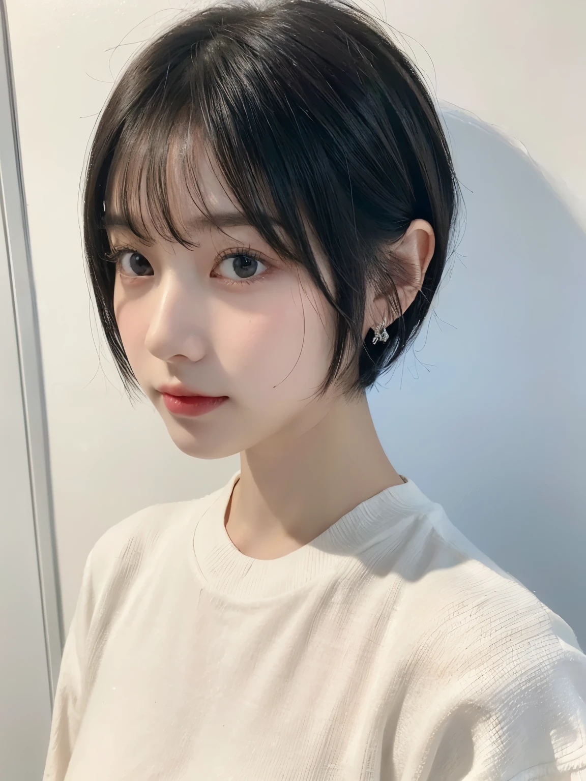 (8K, RAW photo, highest quality, masterpiece: 1.2), Super detailed, super resolution, (genuine, genuine photos: 1.37), portrait, High-definition RAW color photo, professional photos, 非常に詳細で美New, very detailed, 8K wallpapers, amazing details, huge file size, official art, very detailed CG Unity 8K wallpapers, very detailed beautiful girls, very detailed faces, very detailed目, very detailed肌, very detailed指, very small nose, very detailed口, perfect anatomy, detailed background, fine clothes, one girl, (20:1.2), 30 generations, cute Girl, realistic body, small, white skin, glowing skin, black hair, short hair, (dull bangs: 1.2), cute, like々New, かわいらNew顔, realistic face, delicate eyes, Sale Stylish winter clothes)), ((superior)), ((((short hair)))), earrings, Don't look at the camera, cowboy shot,contrasting, dynamic lighting, white wall、Taken in front of the white door、(窓のあるwhite wallの部屋)、profile、various poses