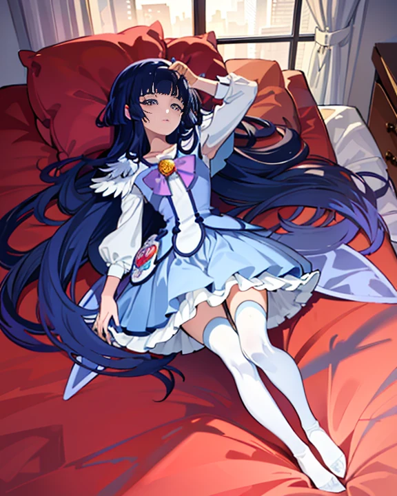 ((highest quality, masterpiece, disorganized) ,cure beauty,Precure,sleeping face up in bed,Crab crotch,please show me your boots , 14 years old,long hair, hair with volume, hair loss, expressive eyes,view of other buildings ,defeat,detailed description,solo 1 girl,full body shot,