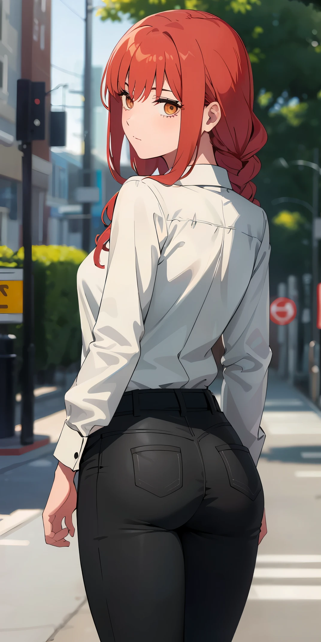 (best quality:1.3), Wrangler CSM, eye focus, , thick, button shirt, black pants, (Rear view), permanent，woman，red hair，slim legs