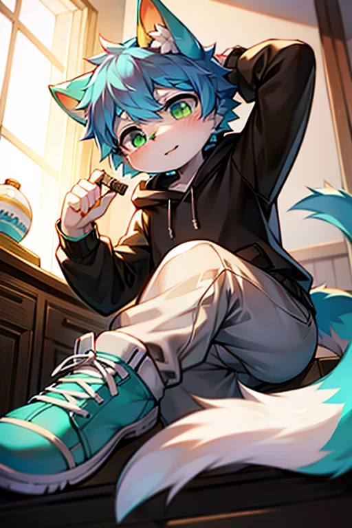 masterpiece, alone, Furry, kemono, Shaggy fox, personification, black fur, Dark Skin, Mint green eyes, Mint green hoodie, Femboy,
