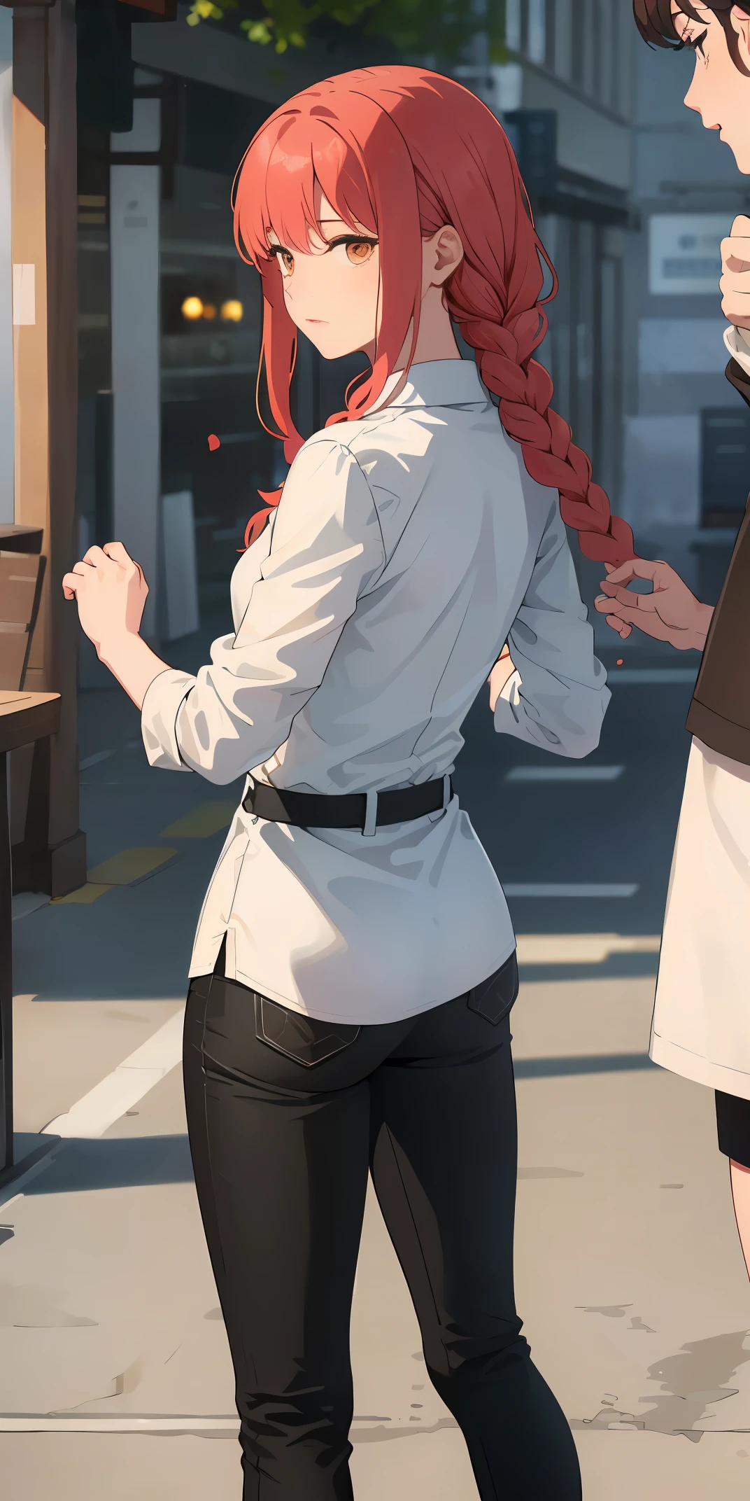 (best quality:1.3), Wrangler CSM, eye focus, , thick, button shirt, black pants, (Rear view), permanent,woman,red hair,slim legs