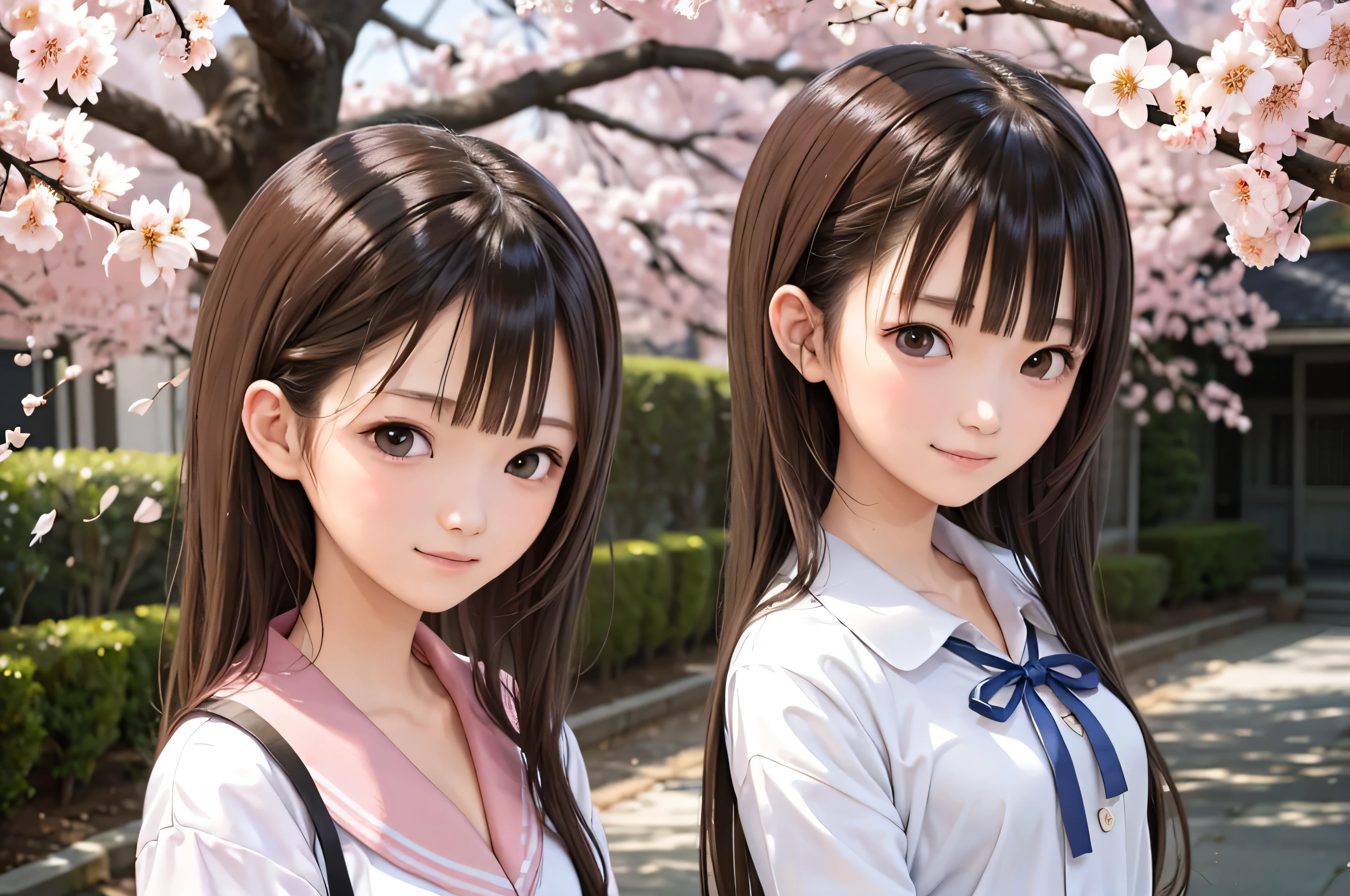 Anime-style portrait of Japanese junior high school girls standing under spring cherry blossoms. she is looking to the side, her long brown hair blows in the wind. The girl has a calm expression, While watching the cherry blossom snowstorm illuminated by soft pink light. her eyes are black and shining, with a subtle smile. She is wearing a Japanese school uniform with a white blouse and a navy blue cardigan。。, Shining in the soft spring sunlight. The girl is depicted small in the frame. in the background, Bright pink cherry blossom branches are blurred. A scene of tranquility, bright, and peaceful atmosphere, Reminds you of the beautiful moments of Japanese anime.