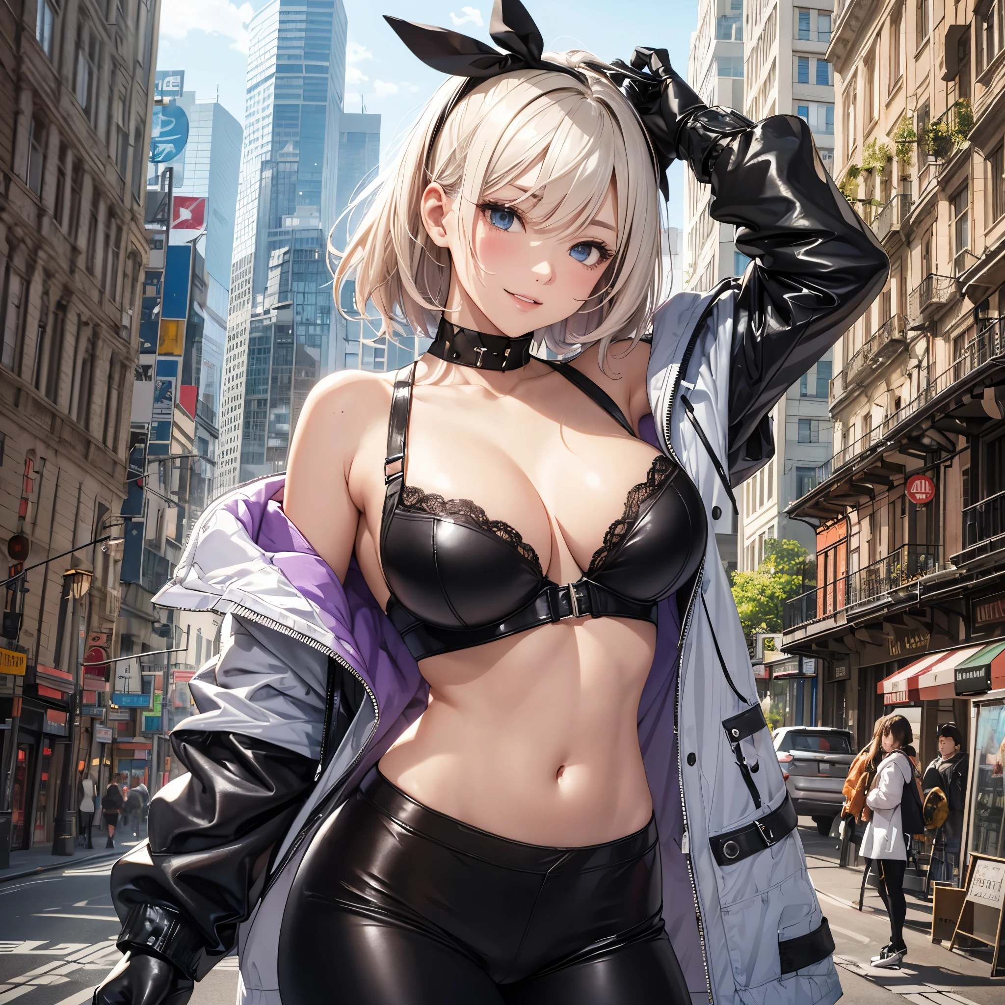 model base: ((AnythingElse - v4.5 ))1, LoRA: ((Evil smile - Gesugao - v2.0)),girl absurdres arm_up armpits bare_shoulders black_bra black_gloves black_pants blonde_hair blue_eyes blue_jacket blush bra breasts cammy_white cleavage collarbone cowboy_shot facial_scar fingerless_gloves foxyreine gloves highres jacket large_breasts linea_alba looking_at_viewer navel open_clothes open_jacket pants parted_lips scar scar_on_cheek scar_on_face short_hair solo street_fighter street_fighter_6 thighs tight_clothes tight_pants toned underwear v-shaped_eyebrows  --auto --s2