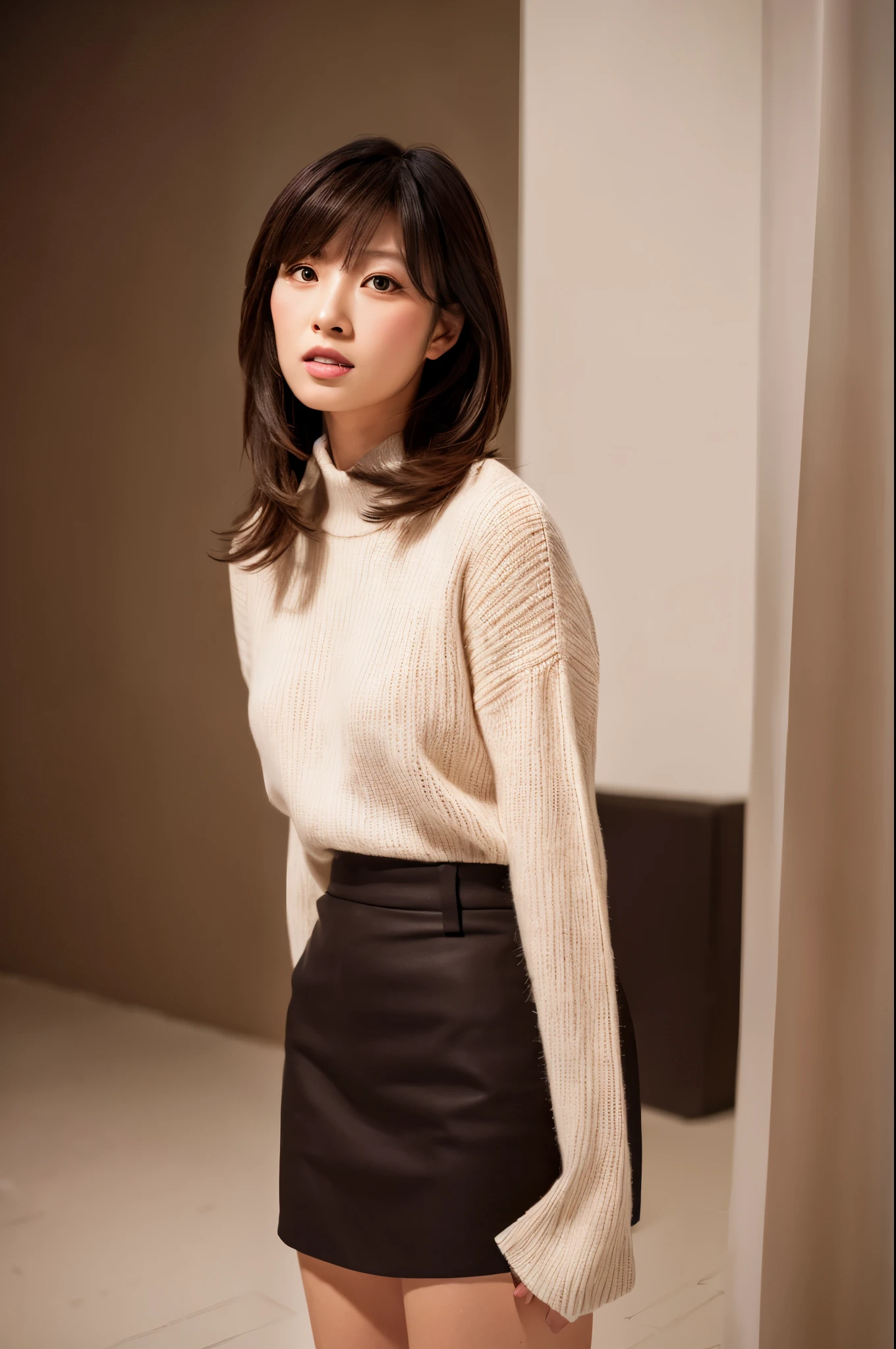 master piece, highest quality, masterpiece, High resolution, photorealistic, sharp, Live shooting, 8k wallpaper, perfection, professional lighting, very detailed, Depth of bounds written,light solid color background, ((one beautiful woman, japanese mature)), (40 years old)), sexy woman, detailed face, beautiful eyes, bangs, good shape small breasts, light brown straight hair, faint lips, ((stand in front、Staring at the viewer, serious face eyes.)), sweater, skirt, full body photo, cowboy shot