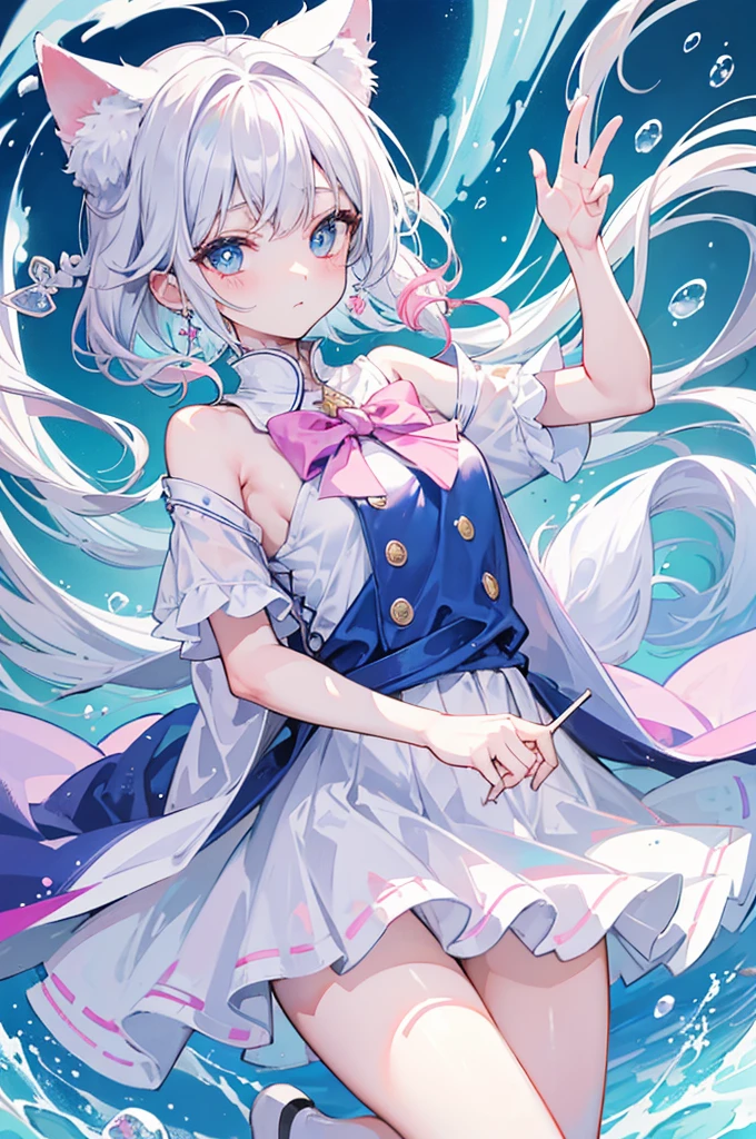 Short light blue hair,Light blue pupils,有一些粉红色的trinkets,Soft girl in dress,Pink and white strapless short hair,Scallop white floral dress,Dignified and lovely teacher,beautiful girl,((sticker:1.5)))、((chibi character))、(White back)、fluffy、age with、Wizard costume、Whole BodyEsbian、soft hair、pastel colors haiirytale、T-shirt design、masterpiece、best quality、shining eyes,・((original characteroon) ・((Volume lighting)):(when glowing) ・((Portlate)): (green pupils) ・((hairstyle)):(white hair、Medium height、Wavy) ・((hairpin)):(moon形银针) ・((Makeup)):(Pale pink eyeliner) ・((Costume Silver One Piece) ・((trinkets)):(teardrop earringoon形手链) ・((posture)):(gesture) ・((background)):(garden with white flowers) ・((overall impression)):(pure) ・((质量detailed评价)):(Sense of luxury:1.25) ・((Role type)): (solo:1.3)((expressioness)):(a smile),(best quality),(detailed),(2 girls),Kizi,cat tail,There are cat ears on the top of the head,white thighs,Double tail,Medium chest,JK school uniform