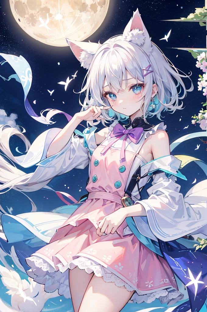 Short light blue hair,Light blue pupils,有一些粉红色的trinkets,Soft girl in dress,Pink and white strapless short hair,Scallop white floral dress,Dignified and lovely teacher,beautiful girl,((sticker:1.5)))、((chibi character))、(White back)、fluffy、Teenage with、Wizard costume、Whole BodyEsbian、soft hair、pastel colors haiirytale、T-shirt design、masterpiece、best quality、shining eyes,・((original characteroon) ・((Volume lighting)):(when glowing) ・((Portlate)): (green pupils) ・((hairstyle)):(white hair、Medium height、Wavy) ・((hairpin)):(moon形银针) ・((Makeup)):(Pale pink eyeliner) ・((Costume Silver One Piece) ・((trinkets)):(teardrop earringoon形手链) ・((posture)):(gesture) ・((background)):(garden with white flowers) ・((overall impression)):(pure) ・((质量detailed评价)):(Sense of luxury:1.25) ・((Role type)): (solo:1.3)((expressioness)):(a smile),(best quality),(detailed),(2 girls),Kizi,cat tail,There are cat ears on the top of the head,white thighs,Double tail,Medium chest,JK school uniform