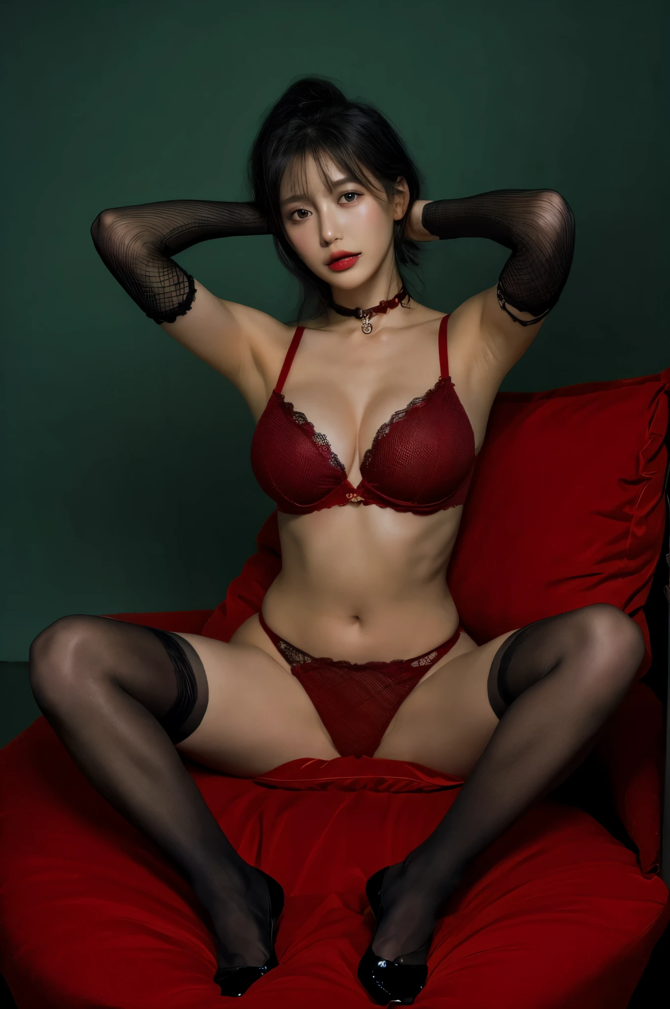 highest quality, masterpiece, ultra high resolution, (photorealistic: 1.4), ((sit and spread your legs))、Raw photo, japanese women、55 years old, Black Hair Ponytail, shiny skin, wet body, dramatic lighting, Full body Esbian, Bitch, Red minuscule underwear, Fishnet tights、huge boobs、open your mouth、(hands behind head)、Full body Esbian、choker、high heels、