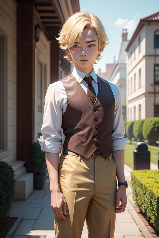 boy　blonde　golden eye　short hair　Noble uniform　garden of a western-style building