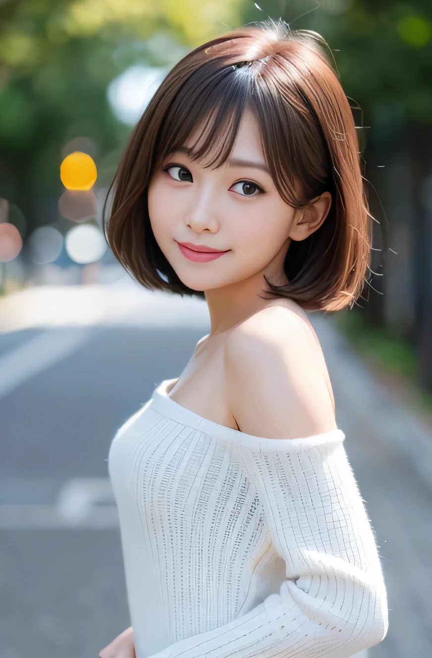 highest quality, Focus on the eyes, soft light, Use reflector to brighten your face, (Depth of bounds written) ,ultra high resolution, (realistic:1.4), RAW photo, (Bokeh:1.4), 1 girl, japanese woman, nogizaka girls, female idol, very pretty, alone, cute, (smile shyly:1.3), round big eyes, droopy eyes, short hair, medium breasts, small nostrils, (looking at the viewer:1.2), (whole body:1.3),