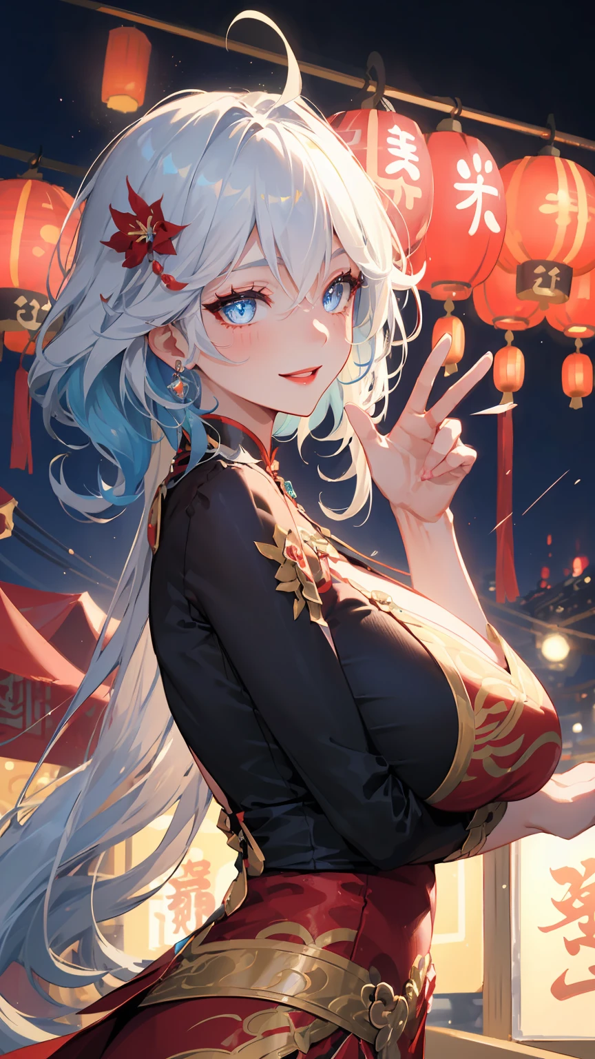 masterpiece, best quality, illustration, platinum earrings, platinum necklace, (dynamic lighting:1.2), cinematic lighting, delicate facial features, detailed eyes, sharp pupils, realistic pupils, depth of field, bokeh, sharp focus, (hyper-detailed, bloom, glow:1.4), exceptional beauty, alluring face, cute look, multicolored hair, short white hair, blue hair strands, enchanting blue eyes, chinese traditional dress, chinese long dress, dragon pattern, jewelry, gems, ornaments, delicate features, 1girl, solo, solo focus, focus, white skin, intense bright, medium shot, absurdres, high-res, ultra-detailed, white hair, front view, from front, furina, genshin impact, large breasts, huge breasts, (huge_breasts:1.1), perfect breasts, hair ornaments, earrings, perfect arms, perfect hands, perfect fingers, perfect body, perfect, embarrassing, blushing, smiling, angelic, lunar, new year background, lunar new year background, lantern, night market background, expert shading, extreme light effects, glare, fireworks, dragon, sharp eyelash, red lips, dynamic pose, gesturing, collarless,