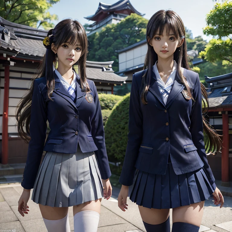 extremely detailed 16K CG unity wallpaper, best quality, masterpiece, raw photography, photorealistic, HDR, ultra high res, (dynamic:1.3), depth of field, sharp focus, (correct anatomy:1.5), intricately detailed face, ultra-realistic skin texture, (from front:1.4), full body shot, 1 girl, solo, looking at viewer, Japanese , 17 yim and oval outline of the face, fairly detailed skin, (tan:1.3), black hair, ponytail, hyper-realistic eyes, (dark and bright eyes:1.2), hyper-realistic nose and lips, (tall nose:1.3), expressionless, walking, (perfect body proportion:1.5), (tall:1.3), (slender, beautiful breast:1.4), (Japanese school uniform:1.5), ((dark blue blazer:1.5)), ((white shirt:1.1)), ((dark blue skirt:1.5)), ((pantyhose:1.4)), (highly detailed thighs, ultra-realistic legs:1.4), (black shoes:1.3), ((outdoor, evening, Japanese town, street:1.3)), highly detailed legs, ultra-realistic thighs, professional photo, cinematic lighting, dynamic angle, sharp focus, depth of field,