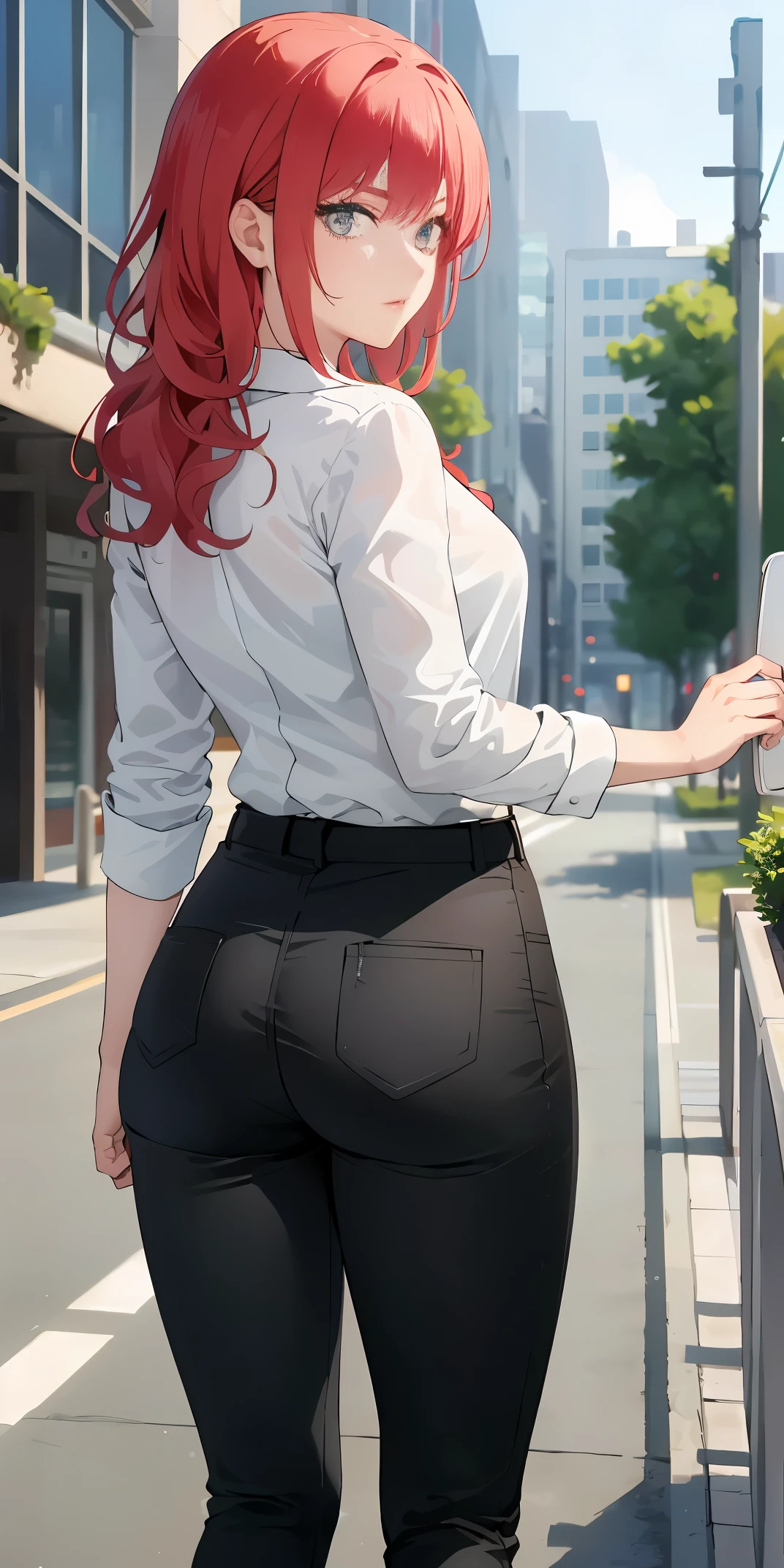 (best quality:1.3), Wrangler CSM, eye focus, , thick, button shirt, black pants, (Rear view), permanent，woman，red hair，slim legs，long trousers