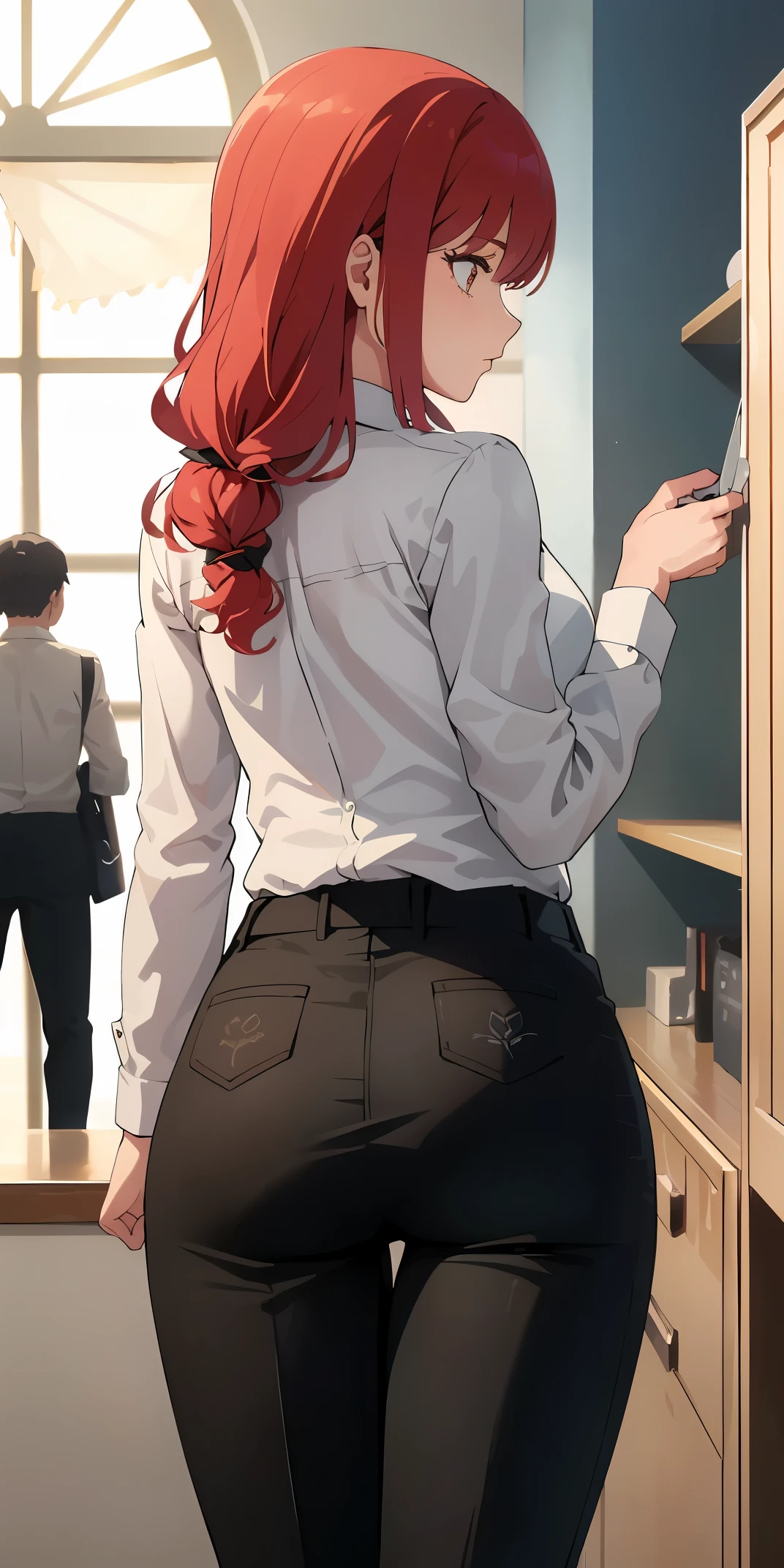 (best quality:1.3), Wrangler CSM, eye focus, , thick, button shirt, black pants, (Rear view), permanent，woman，red hair，slim legs，long trousers