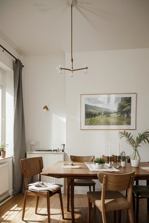 wall art mockup, no art in frame, one large frame on wall, frame is in the horizontal/landscape position, danish/swedish decor, thin light wood frame, dining room with large table, small candles, filled wine glasses on table, plates with food on them on table, plants in room