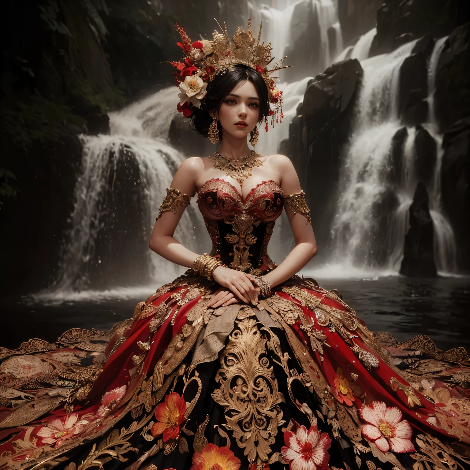 arafed woman with bustier gigantic breast in a corset and dress in front of a building, wearing an ornate outfit, ornate dress, intricate dress, elegant corset, ornate and elegant, extravagant dress, inspired by Hedi Xandt, ornate attire, intricate outfit, ornate royal gown, ornate clothing, ornate gown, intricate and elegant, intricate detailed dress, ornate , royal dress, masterpiece, best quality:1.2),,(8k,highres,RAW photo,realistic,photo-realistic:1.3),(detailed skin texture,detailed cloth texture,beautiful detailed face:1.25),professional lighting,photon mapping,beautiful soft light,radiosity,physically-based rendering,raytracing, model shoot style, model shoot style, (extremely detailed CG unity 8k wallpaper), full shot body photo of the most beautiful artwork in the world,
