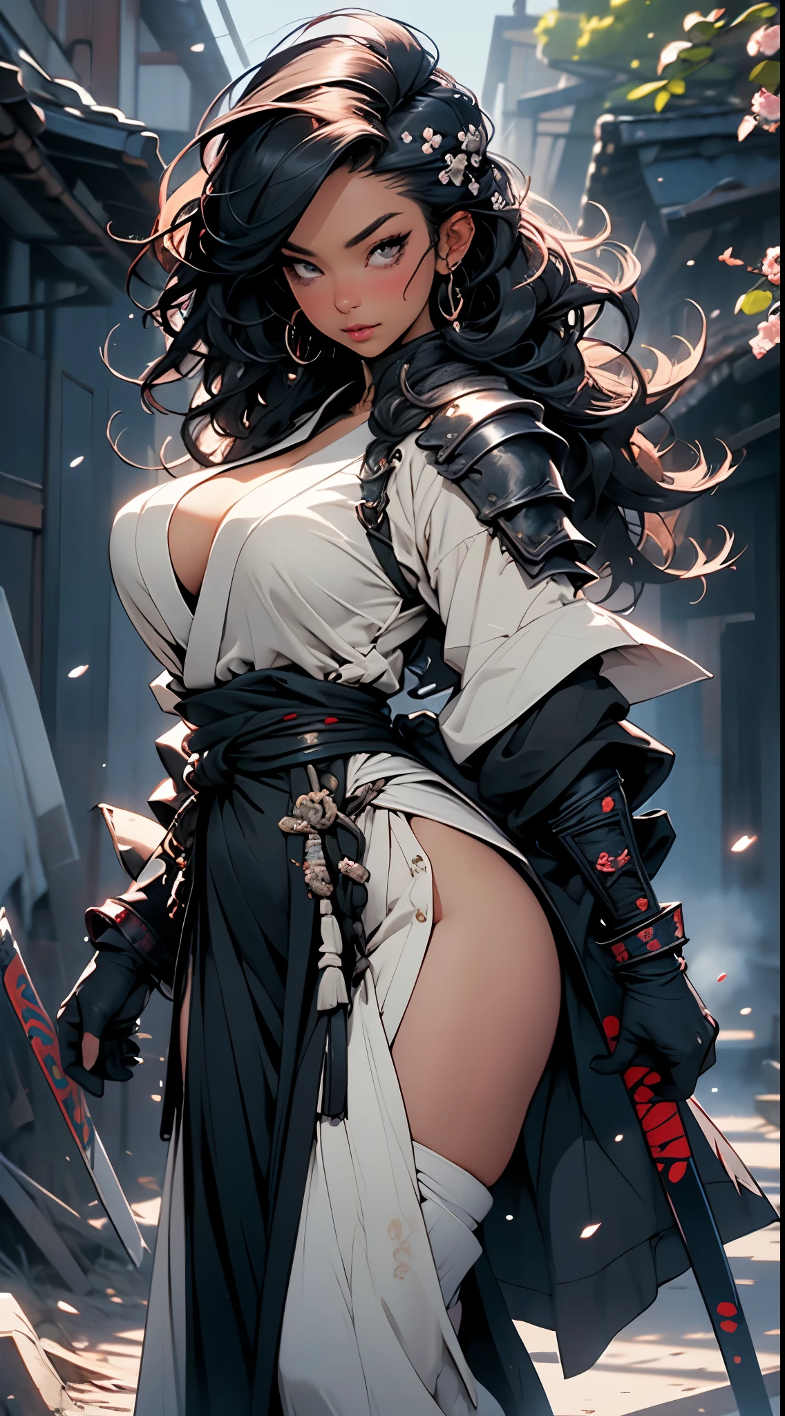 PERFECT MASTERPIECE, EXTREMELY DETAILED CG UNITY 32K UHD QUALITY RESOLUTION WALLPAPER, PHOTOREALISTIC, RAW PHOTO, PERFECT PHOTOGENIC CLARITY, OFFICIAL ART, AWARD-WINNING PORTRAIT, ULTRA HYPER-REALISTIC, ULTRA HYPER-DETAILED, SHINY REALISTIC SKIN, RAY TRACING, UNREAL ENGINE 5.8K, GLOWING AMBIENT LIGHT, The most beautiful and sexy samurai warrior girl, very long black hair, vibrant moonlight eyes, long detailed eyelashes, blushing, full pouting pink lips, curvy body type, full hips, super huge enormously gigantic tits, cleavage showing, gigantic tits bursting out, wearing highly detailed samurai battle armor with sashimono war flag, (arching her back in a sexy seductive slutty pose:1.3), looking at the viewer, full body portrait, cowboy shot depth of field, sexy seductive slutty facial expression, cherry blossoms blowing in the wind, cosmic aesthetic atmospheric feudal Japan background