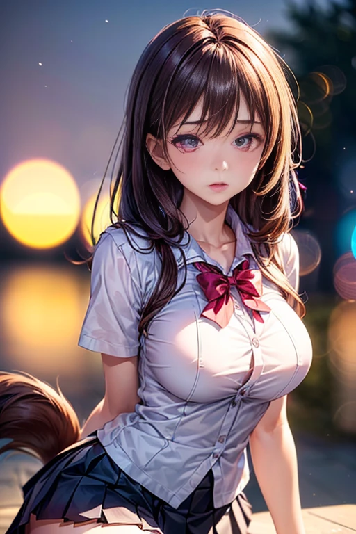 ((1 girl in)), (double tail), brown hair, amazing face and eyes, pink eyes, (very beautiful girl), brown hair, (high school, Pleated miniskirt:1.5), ((best quality)), (Super detailed), (Extremely detailed CG unified 8k wallpaper), Very detailed, HD original color photos, Professional photography, (((Bokeh))), depth of field,
