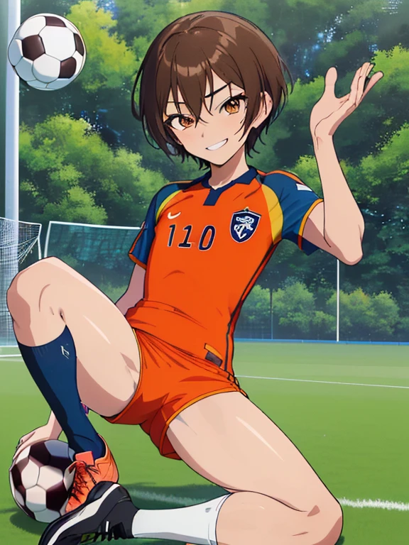 (((official art,Super thin illustration,High resolution, muste piece, best quality,best quality,)))high quality, detailed, ( boy),12 yeaung ace striker male idol with a super cute face,A boy as beautiful as Planding, Cool handsome face with smile, soccer spike, long legs, thighs, Foots, Bulge, (brown hair、short hair)、shiny hair, (tight shiny orange soccer uniform suit), (tight and shiny soccer shorts), (Soccer Socks), grassy area, cool pose, (厚いthighs、Seduce your big ass to your crotch)、(((soccer field in the park)))、((Saucy、))、grinning grin、spread legs,ultra fine painting, (best quality, In 4K, 8K, High resolution, muste piece:1.2),(((Being aware of the sexual gaze of middle-aged gay men)))、Service Shots、((detailedな目:1.2))、cute eyes、