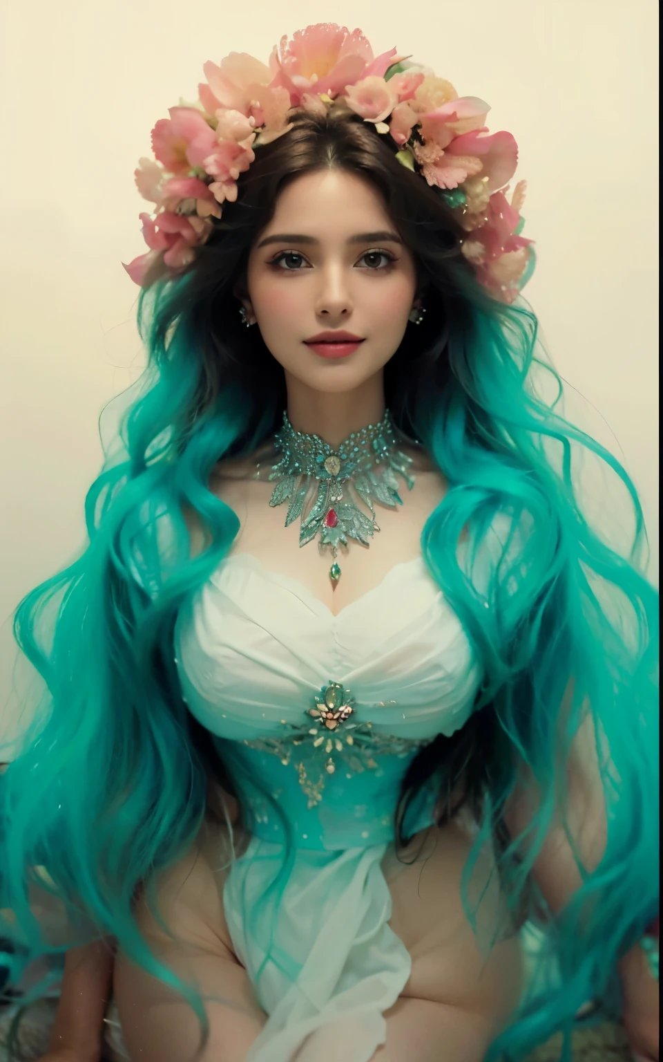 (Best Quality, 4K, 8K, High Definition, Masterpiece:1.2), (Ultra Detailed, Realistic, Photorealistic:1.37), a beautiful young woman with delicate facial features, flower crown, long elegant blue hair, ornate jeweled headpiece, red silk dress, sitting in a lush garden, surrounded by colorful flowers, intricate background details, cinematic lighting, delicate brushstrokes, oil painting, highly detailed, dramatic, romantic, soft color palette, dreamlike atmosphere