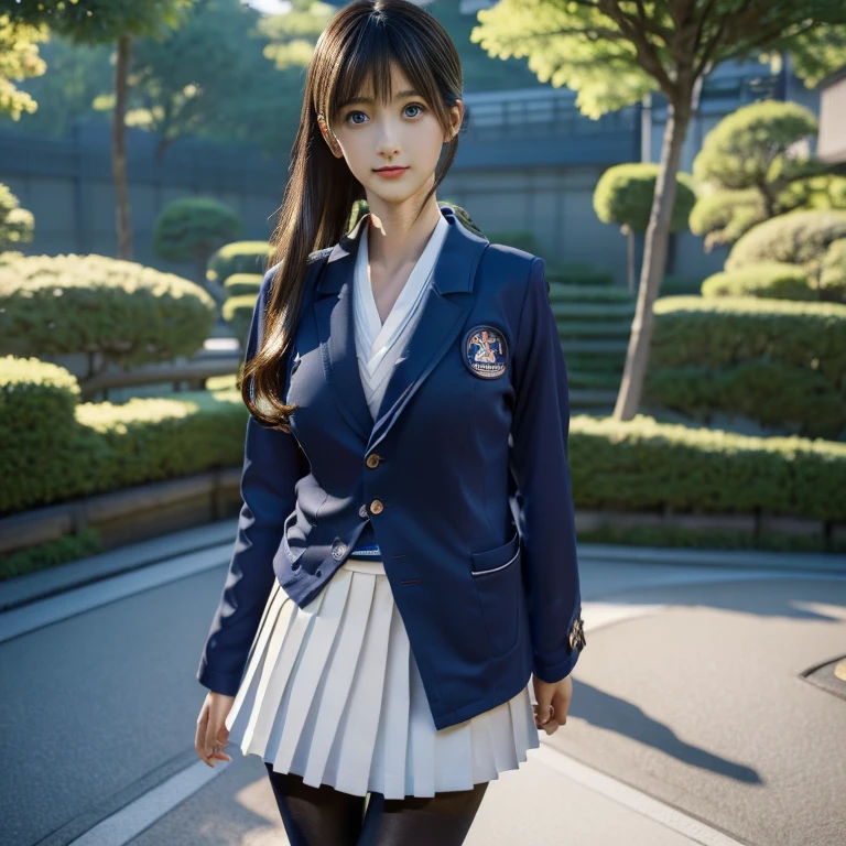extremely detailed 16K CG unity wallpaper, best quality, masterpiece, raw photography, photorealistic, HDR, ultra high res, (dynamic:1.3), depth of field, sharp focus, (correct anatomy:1.5), intricately detailed face, ultra-realistic skin texture, (from front:1.4), full body shot, 1 girl, solo, looking at viewer, Japanese teen, 17 years old, slim and oval outline of the face, fairly detailed skin, (tan:1.3), black hair, ponytail, hyper-realistic eyes, (dark and bright eyes:1.2), hyper-realistic nose and lips, (tall nose:1.3), expressionless, walking, (perfect body proportion:1.5), (tall:1.3), (slender, beautiful breast:1.4), (Japanese school uniform:1.5), ((dark blue blazer:1.5)), ((white shirt:1.1)), ((dark blue skirt:1.5)), ((pantyhose:1.4)), (highly detailed thighs, ultra-realistic legs:1.4), (black shoes:1.3), ((outdoor, evening, Japanese town, street:1.3)), highly detailed legs, ultra-realistic thighs, professional photo, cinematic lighting, dynamic angle, sharp focus, depth of field,
