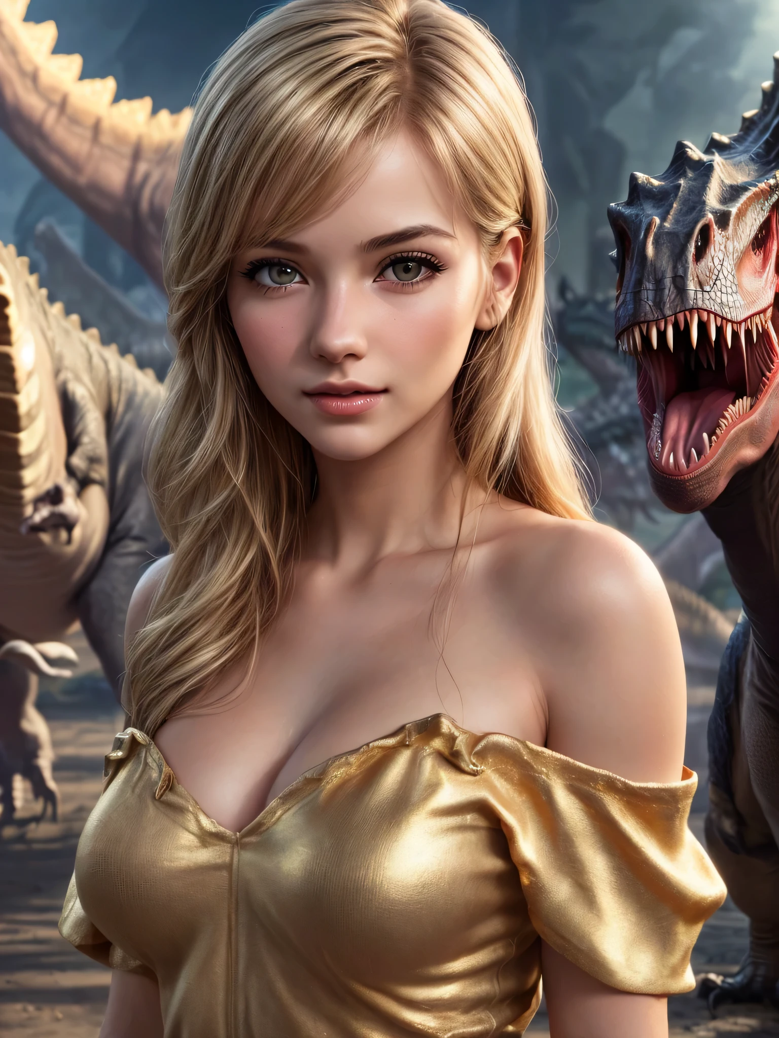 blonde, (1young girl), (Ultra realistic, high res), (highly detailed eyes, highly detailed hair, highly detailed face, highly detailed plump lips), (off shoulder), breasts, upper body, caute smile, (best quality:1.4), Raw photo, (realistic, photo-realistic:1.37), professional photography, cinematic light, (fine face: 1.2), (gold, volcano, dinosaur, tyrannosaurus:1.5),