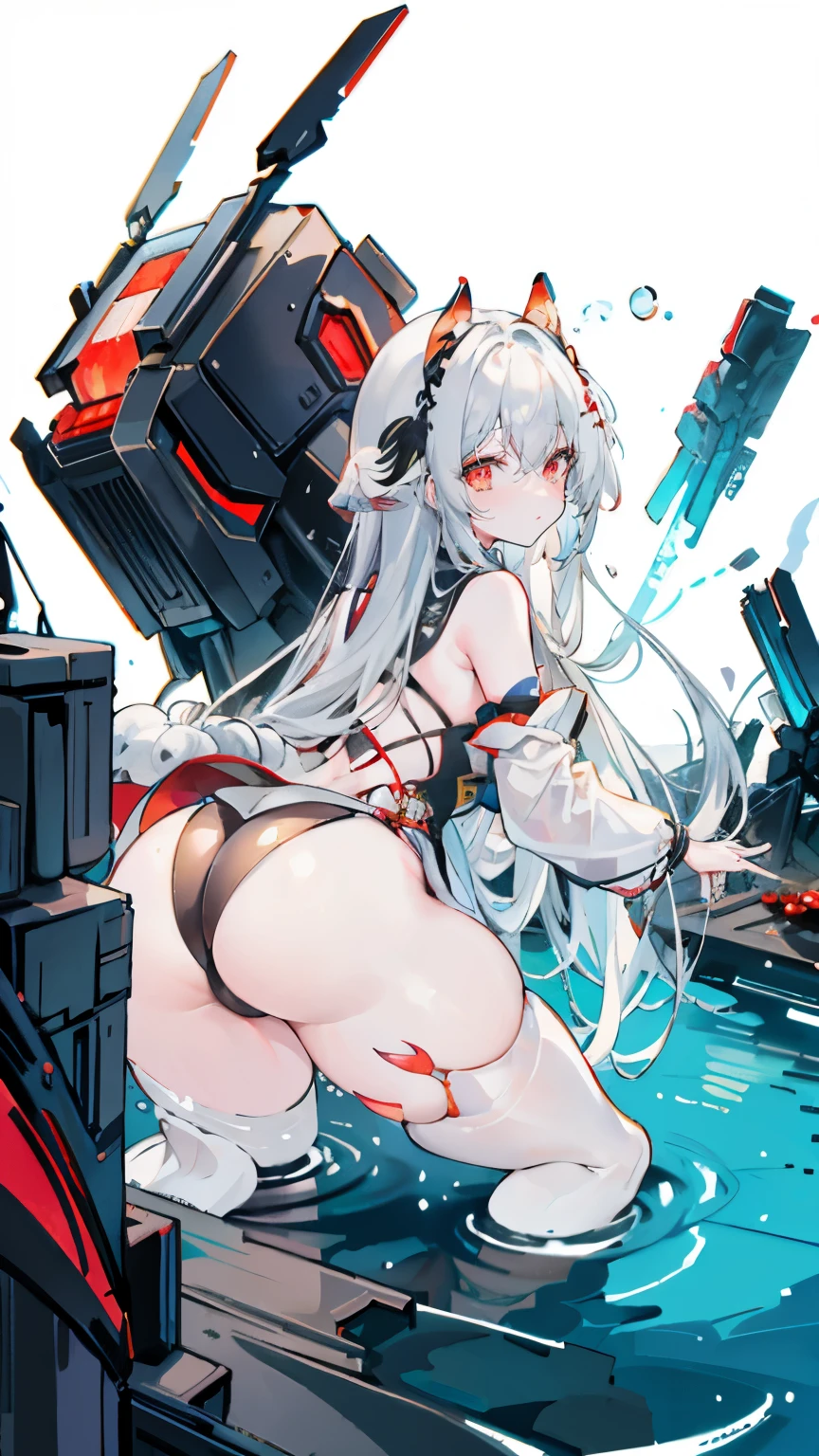 a girl，sheep&#39;bugle, full color,  long white hair, Red眼睛 ，Eyeliner, immerse in water, black transparent clothes, Red, open air, Rose, night, ruins, Butterfly，Rear view，Big Asut close-up，camel toe，bend over，Soaked，Mecha