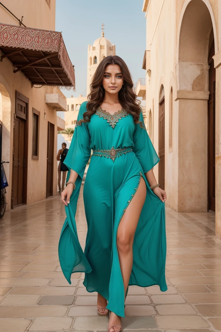 Instagram-Models posieren in corniche of Casablanca, in green luxury kaftan, full entire body, beautiful detailed eyes, beautifully detailed lips, extremely detailed eyes and face, kurzes, welliges rosa Haar ((best qulaity)), ((Meisterwerk)), (detailliert), perfektes Gesicht, full entire body