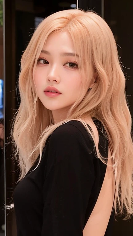 um close up de uma mulher com longos cabelos loiros e uma camisa preta, parque roseanne de blackpink, cl, Lalisa Manobal, Lalisa Manoban do Blackpink, portrait of jossi do blackpink, Sun Yunjoo, jossi do blackpink, Portrait of female Korean idol, Heonhwa Choe, jaeyeon nam, estacionar a partir de-min