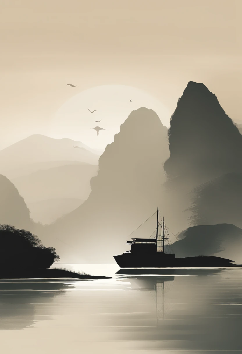 Best quality, Ultra-fine details, high resolution, Masterpiece:1.2, Immerse yourself in the beautiful landscape, Impeccable brushstrokes, Impressive ink, Adopt a wide-angle viewing angle, Breath-taking mountain views, Deep and majestic atmosphere, Beautifully depicted ships sailing through the mountains, Describe the vessel and its surroundings in detail, Traditional Balinese art, Expressing the tranquility and harmony of nature, Subtle tonal changes, Soft color palette, Gentle and warm atmosphere, Exhibited in a famous exhibition - Balinese ink landscape painting,The composition stunning,emotive depth,Capture the tranquility of the mountains. Texture strokes and tonal changes are very detailed, Reveal the complexity of the ship and the beauty of the surrounding landscape. Traditional Balinese art styles create a peaceful and harmonious atmosphere,Immerse viewers in natural wonders. This masterpiece of the highest quality, Features ultra-fine detail and high-resolution images, Make it an impressive and breathtaking work of art,Perfect to capture the essence of Balinese ink landscape painting.