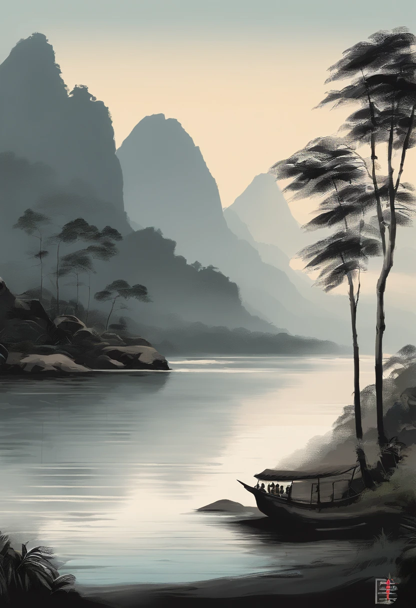 Best quality, Ultra-fine details, high resolution, Masterpiece:1.2, Immerse yourself in the beautiful landscape, Impeccable brushstrokes, Impressive ink, Adopt a wide-angle viewing angle, Breath-taking mountain views, Deep and majestic atmosphere, Beautifully depicted ships sailing through the mountains, Describe the vessel and its surroundings in detail, Traditional Balinese art, Expressing the tranquility and harmony of nature, Subtle tonal changes, Soft color palette, Gentle and warm atmosphere, Exhibited in a famous exhibition - Balinese ink landscape painting,The composition stunning,emotive depth,Capture the tranquility of the mountains. Texture strokes and tonal changes are very detailed, Reveal the complexity of the ship and the beauty of the surrounding landscape. Traditional Balinese art styles create a peaceful and harmonious atmosphere,Immerse viewers in natural wonders. This masterpiece of the highest quality, Features ultra-fine detail and high-resolution images, Make it an impressive and breathtaking work of art,Perfect to capture the essence of Balinese ink landscape painting.