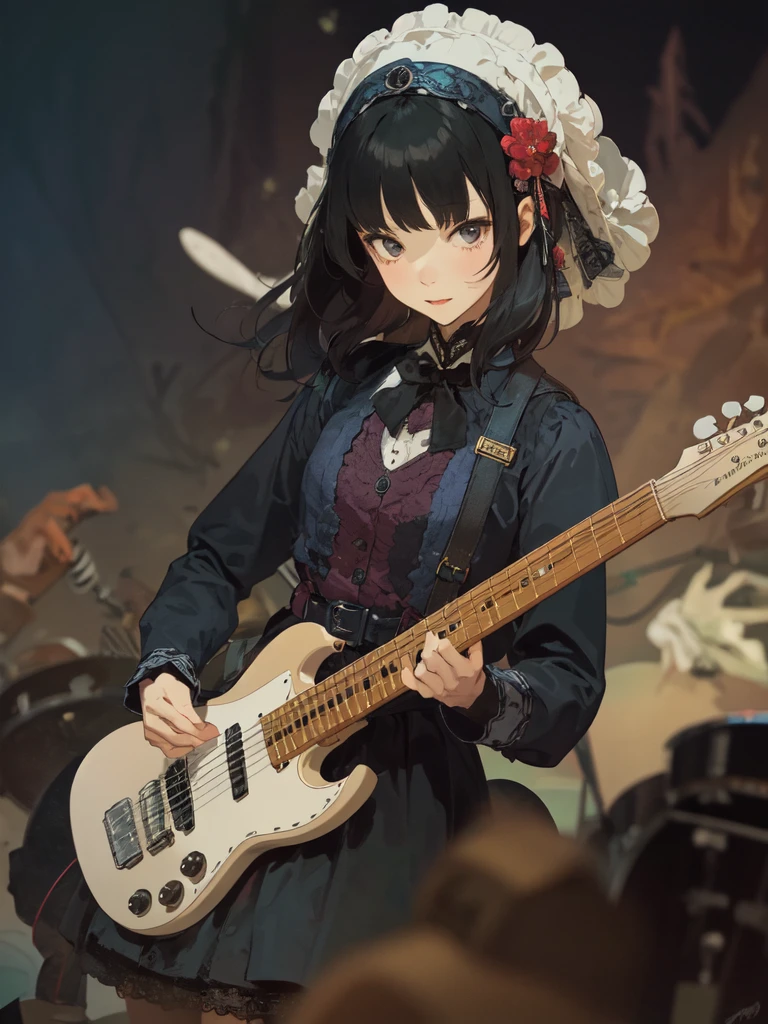 Chen Nian、Kawaii 1 Girl、Alone、solo、gothic lolita fashion、metal bands、guitar player、rock band、There are a lot of dragons in the background、co-starring with dragons