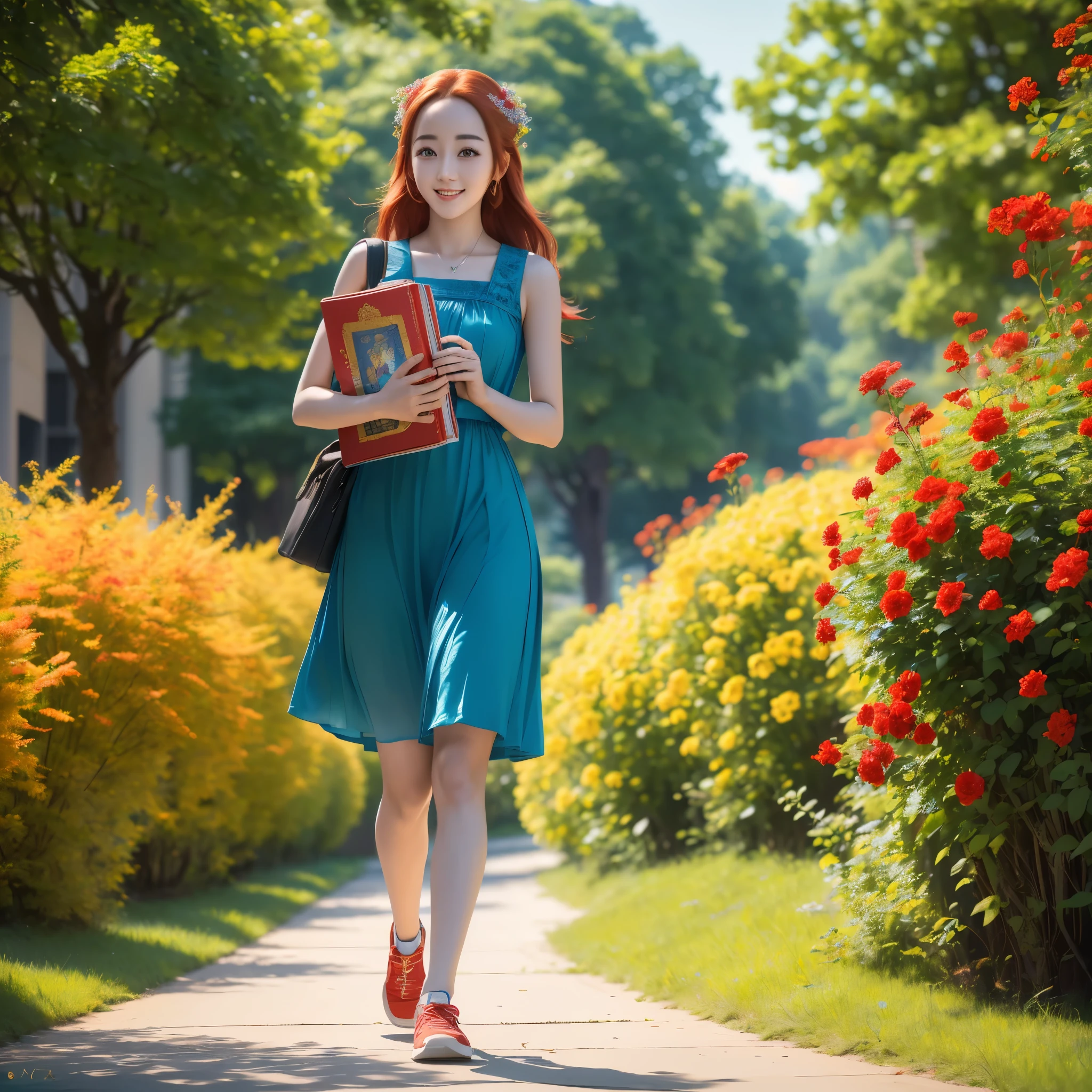 (best quality,4k,8k,highres,masterpiece:1.2),ultra-detailed, red haired Chinese college student, Dilraba Dilmurat, flowery blue sundress, smiling, walking on campus, carrying books HDR, 8k, absurdres, cinestill 800, sharp focus
