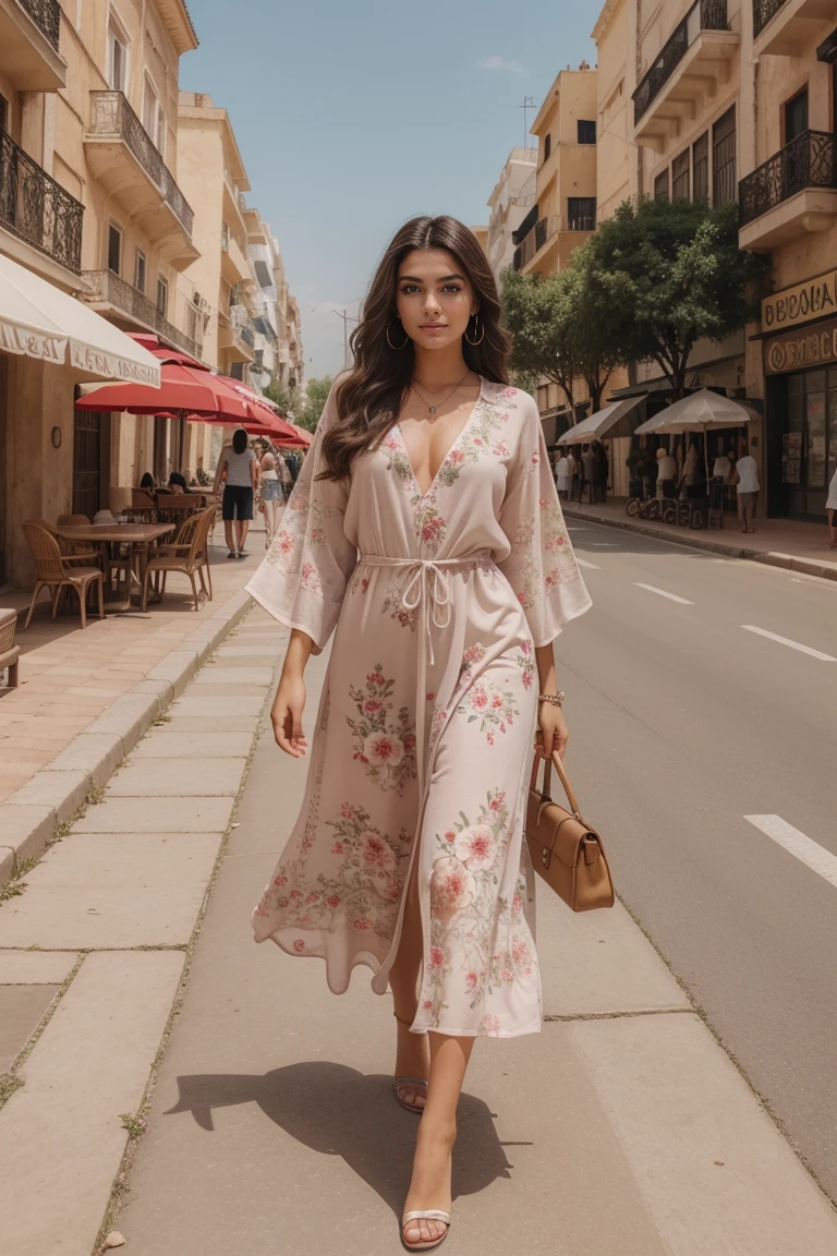 Instagram-Models posieren in corniche of Casablanca, in a very luxury kaftan, full entire body, beautiful detailed eyes, beautifully detailed lips, extremely detailed eyes and face, kurzes, welliges rosa Haar ((best qulaity)), ((Meisterwerk)), (detailliert), perfektes Gesicht, full entire body