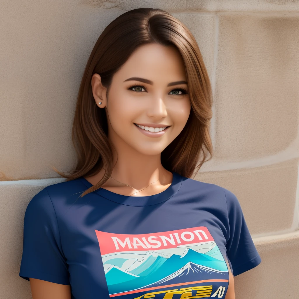 Beautiful woman, 30 years old, in a closed angle, with irresistíble smile, brown hair, tanned skin, wearing surf stamp t-shirt, front view, ultra realistic, photographic, cinematic, 4k --auto --s2