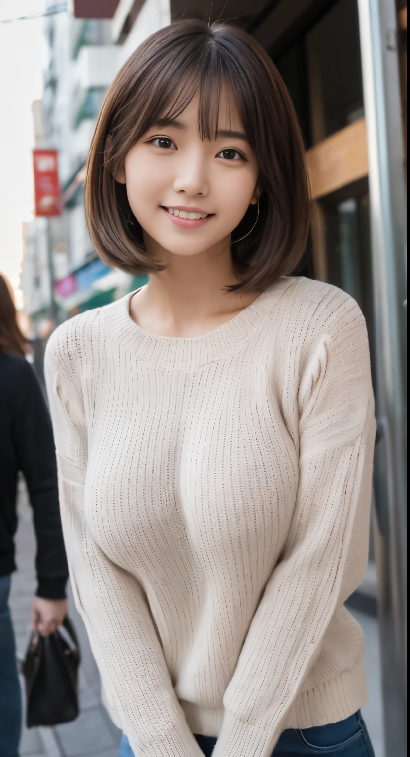 (best quality,8K,Raw photo,Reality,high resolution:1.2),(cute japanese girl),(Big breasts that are about to burst:1.20),(slim body、slender、thin body、naughty body),(long sleeve knit),(crowded city area),(18-year-old、difficult、Lofty dream、brown hair、short bob、Male classmate POW、The presence of idoleautiful Reality Asians:1.5、like)、Professional specifications、smile