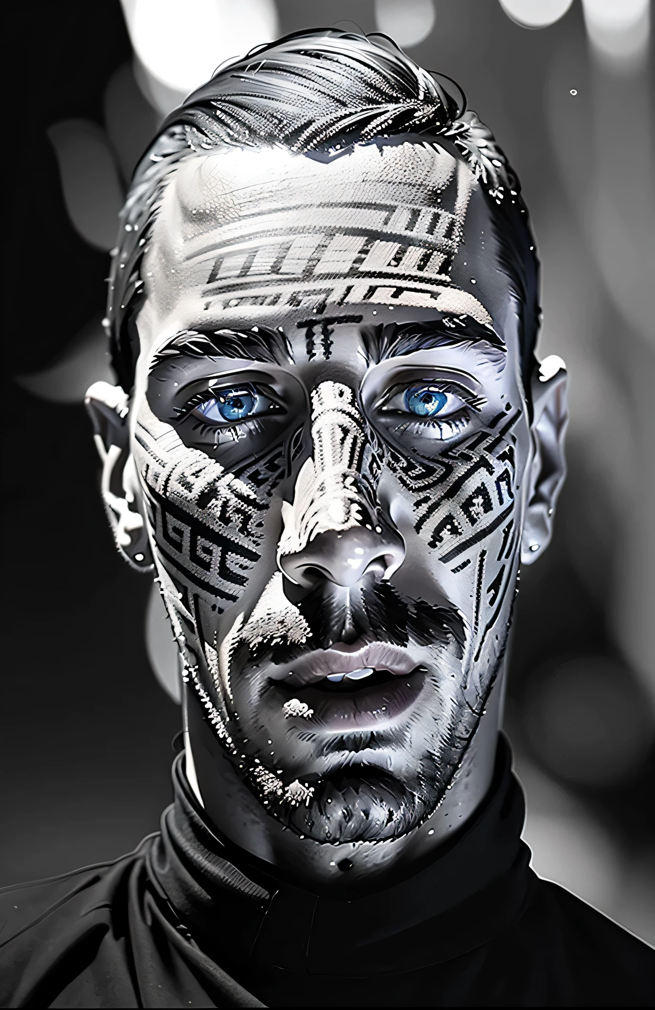 a close up of faaris azura's face covered in writing, inspired by faaris azura, face made of notation, intricate patterns on face, intricate face, markings on his face, intricate portrait, faaris azura's face, faaris azura hyperdetailed, insanely detailed face, artist, covered in runes, faaris azura's incredibly detailed face