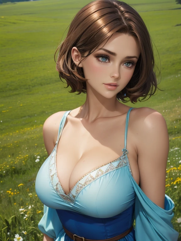 Beautiful woman with short brown hair blue eyes firm body perfect breasts in peasant dress on the meadow