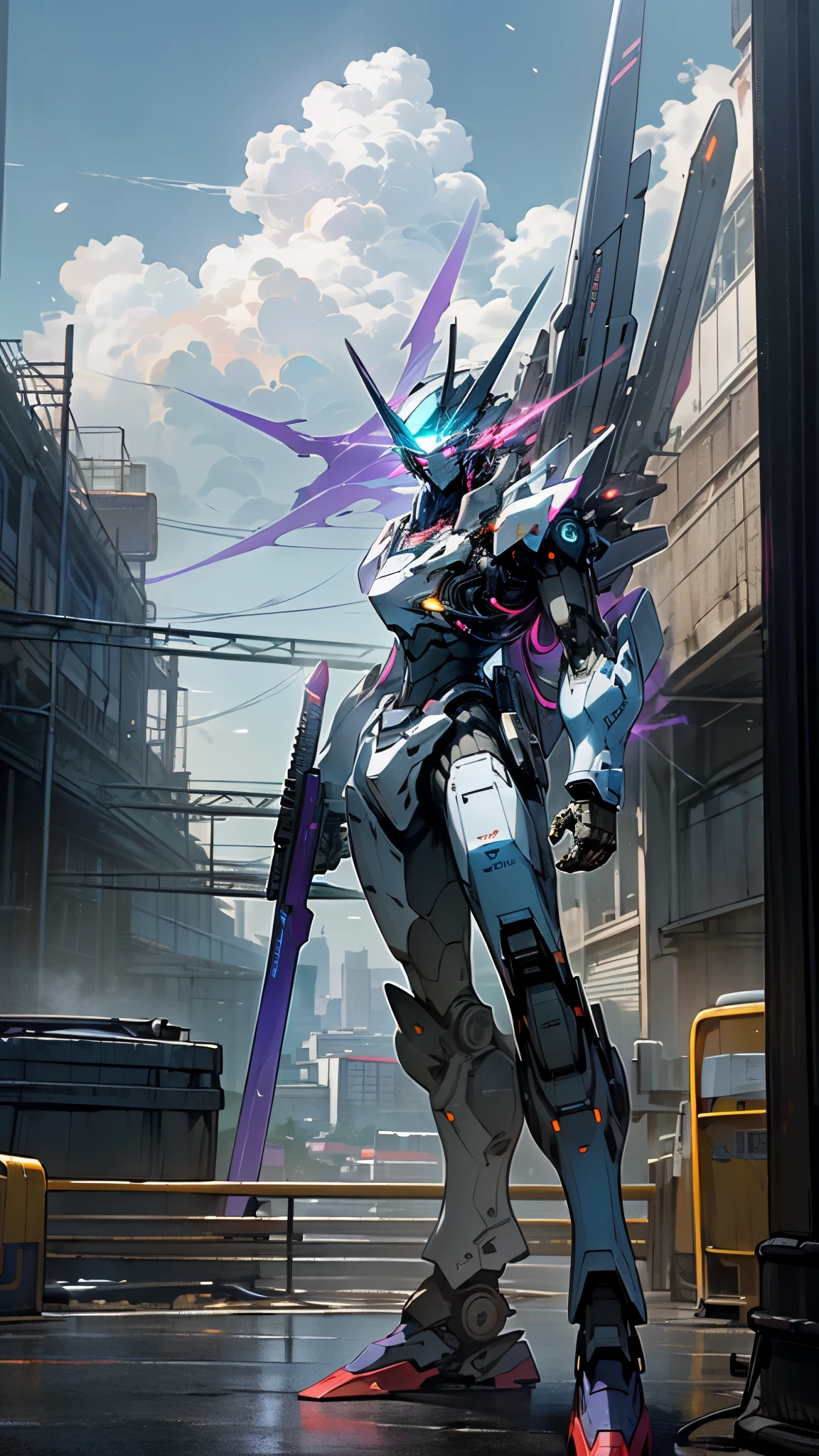 (UHD, retina, masterpiece, accurate, anatomically correct, textured skin, super detail, high details, high quality, best quality, high res, 1080P, HD, 4K, 8k, 16k), studio lighting, physically-based rendering, vivid colors, (glowing, robot, mecha, realistic_mecha, science_fiction, holding_weapon), (sky, cloud, city, building, no_humans), (white, light blue, blue, purple, glowing_eyes, glowing_weapon, front_view:1.5),