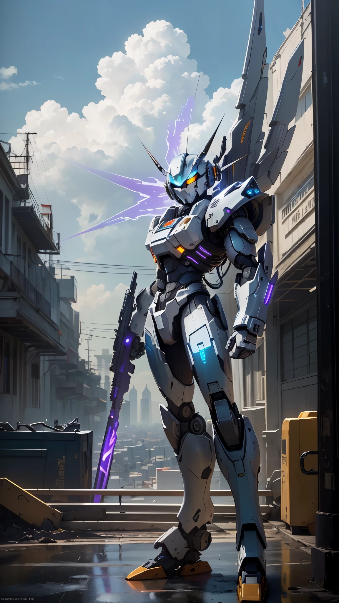 (UHD, retina, masterpiece, accurate, anatomically correct, textured skin, super detail, high details, high quality, best quality, high res, 1080P, HD, 4K, 8k, 16k), studio lighting, physically-based rendering, vivid colors, (glowing, robot, mecha, realistic_mecha, science_fiction, holding_weapon), (sky, cloud, city, building, no_humans), (white, light blue, blue, purple, glowing_eyes, glowing_weapon, front_view:1.5),
